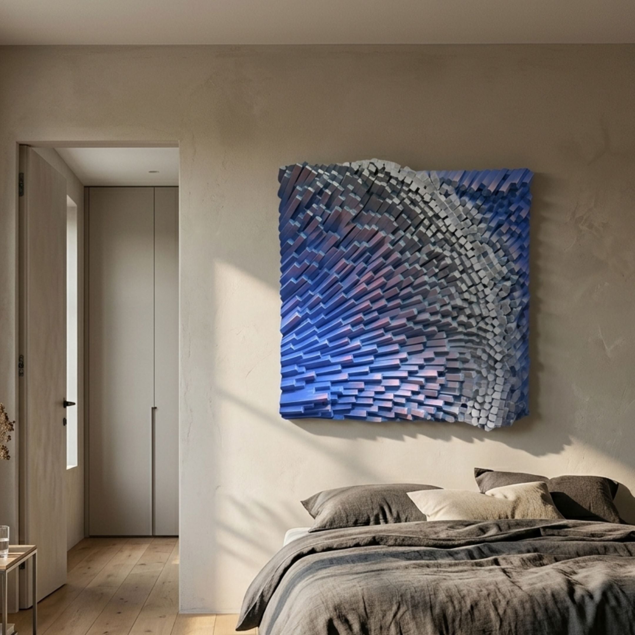 Stravura Indigo Waveburst 3D Wall Art mounted above a grey-linen bed, its staggered indigo and pale-blue blocks forming a wave pattern on a cream wall.