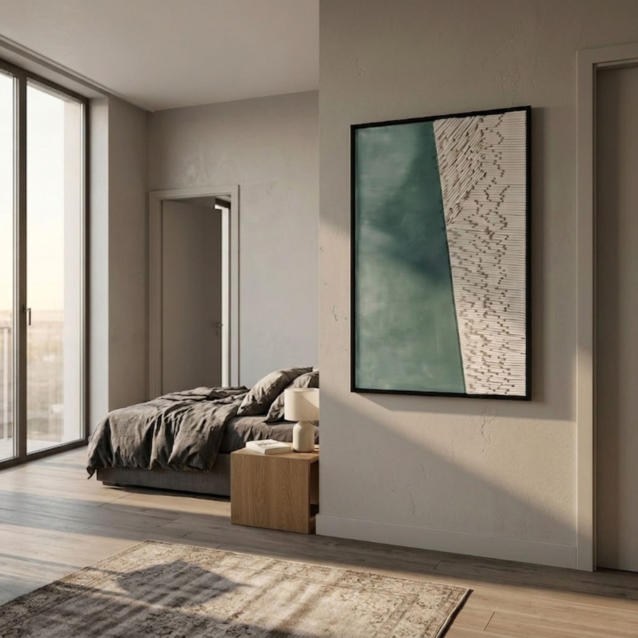 Cartura Teal & White Fold Paper 3D Wall Art by Giant Sculptures displayed in a modern bedroom above a wooden side table beside a grey linen bed.