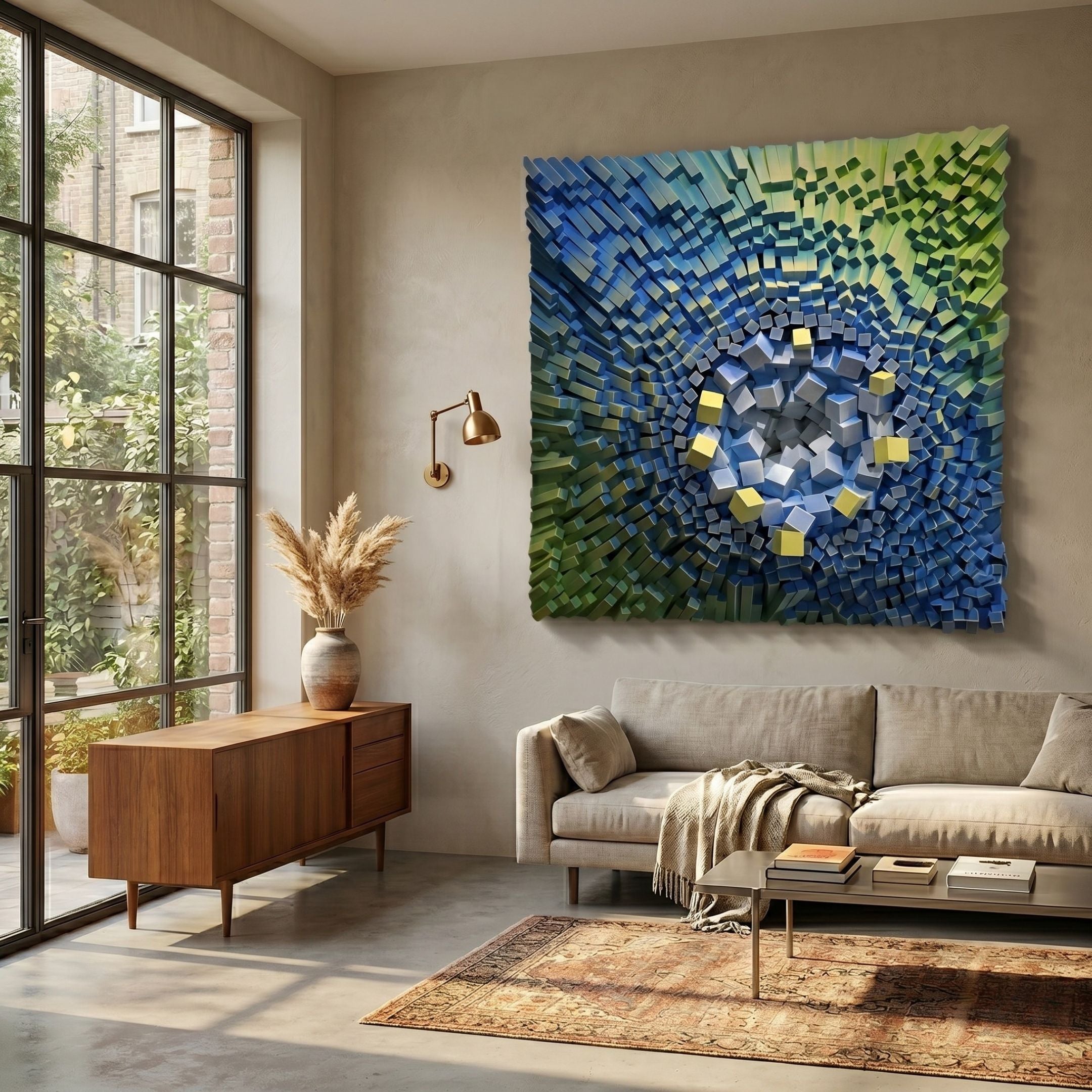 Stravura Yellow & Blue Orbital Centre 3D Wall Art by Giant Sculptures, with radial blue and green blocks around a yellow core, above a beige sofa and wooden sideboard.