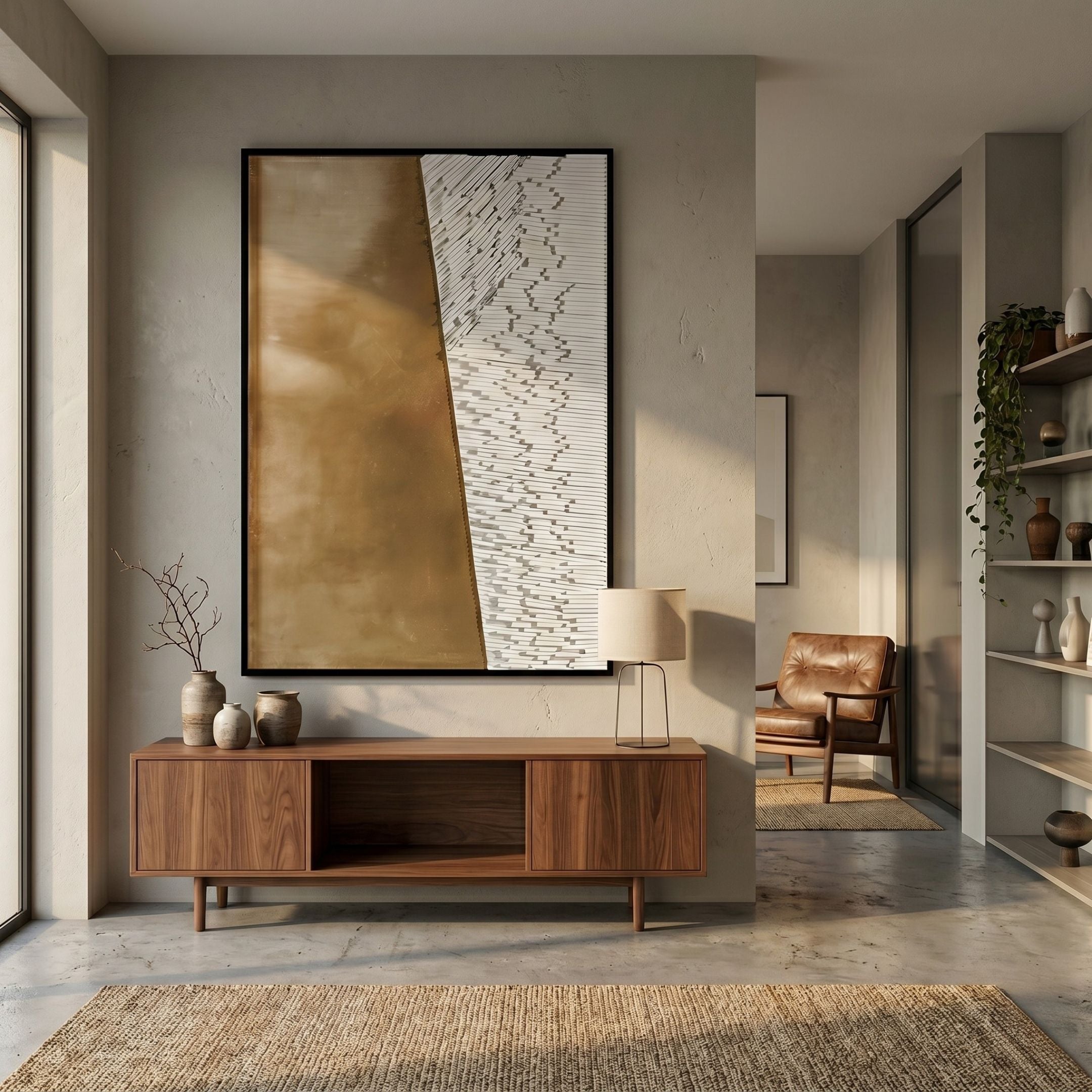 Cartura Bronze & White Fold Paper 3D Wall Art by Giant Sculptures in a black frame above a walnut sideboard in a minimalist hallway with a leather chair.