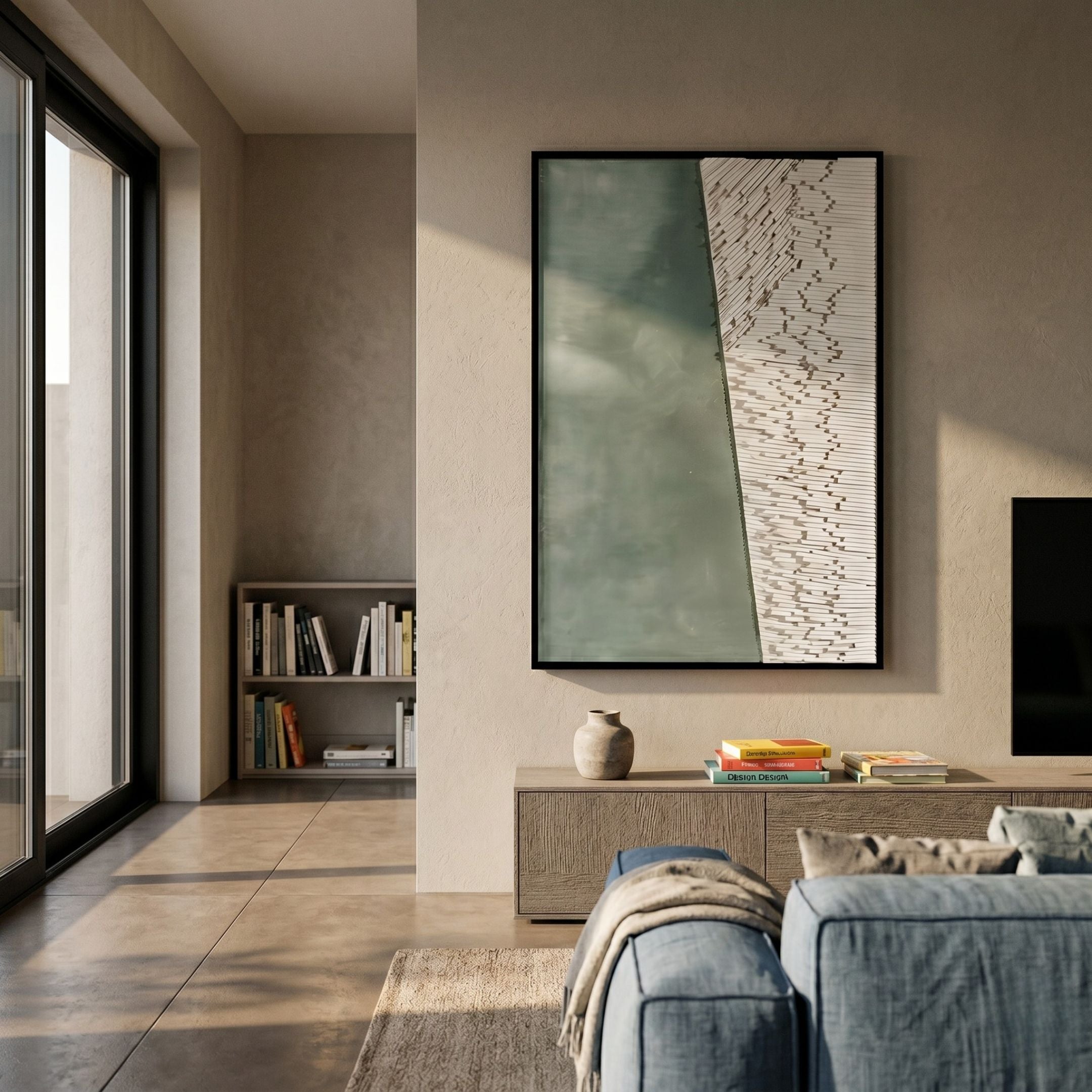 Cartura Grey & White Fold Paper 3D Wall Art by Giant Sculptures displayed above a wooden console in a modern living room with beige walls and a blue sofa.