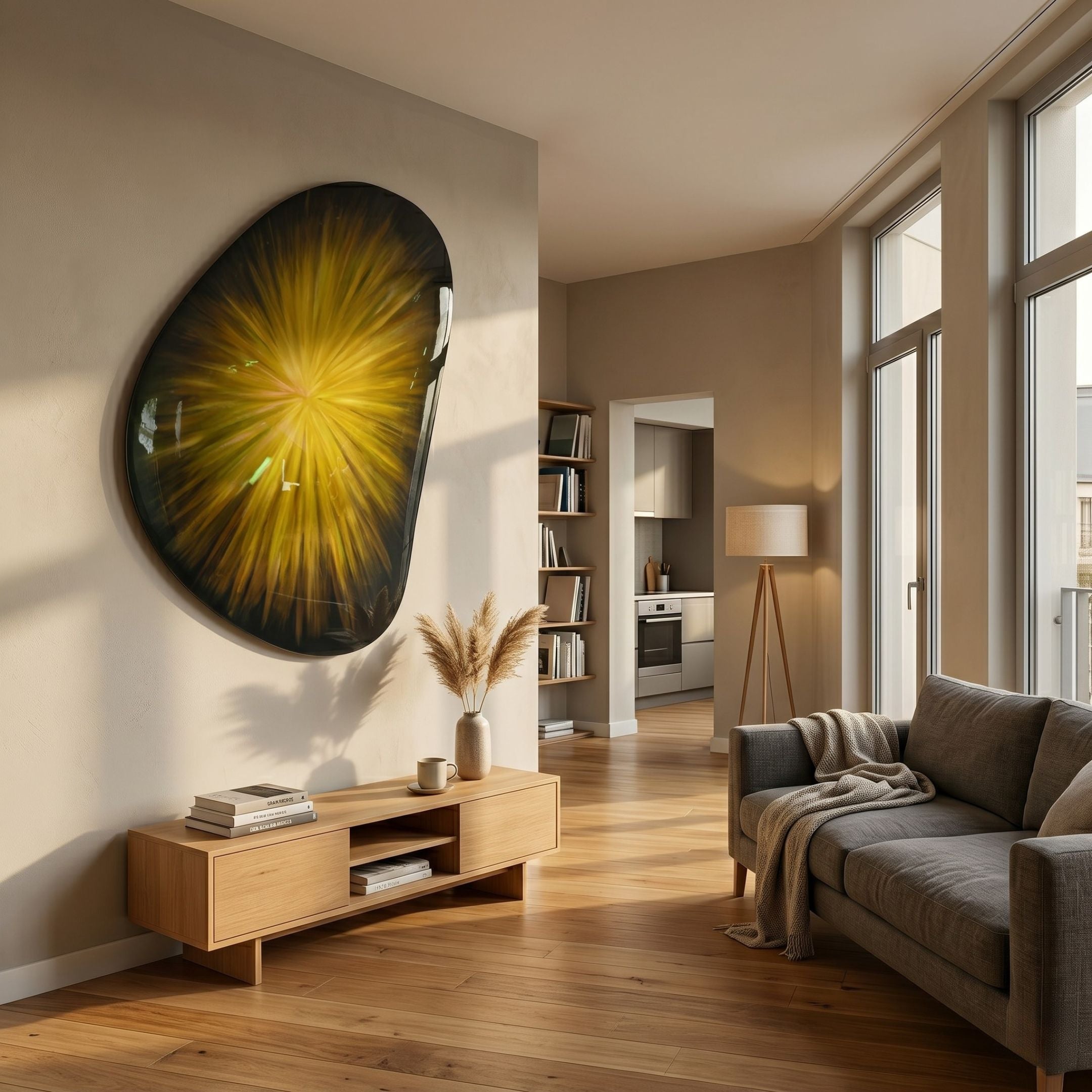 Veyora Golden Aura 3D Relief Wall Art by Giant Sculptures, an organic-shaped piece with a golden-yellow starburst and black border, mounted above a wooden console in a sunlit living room.