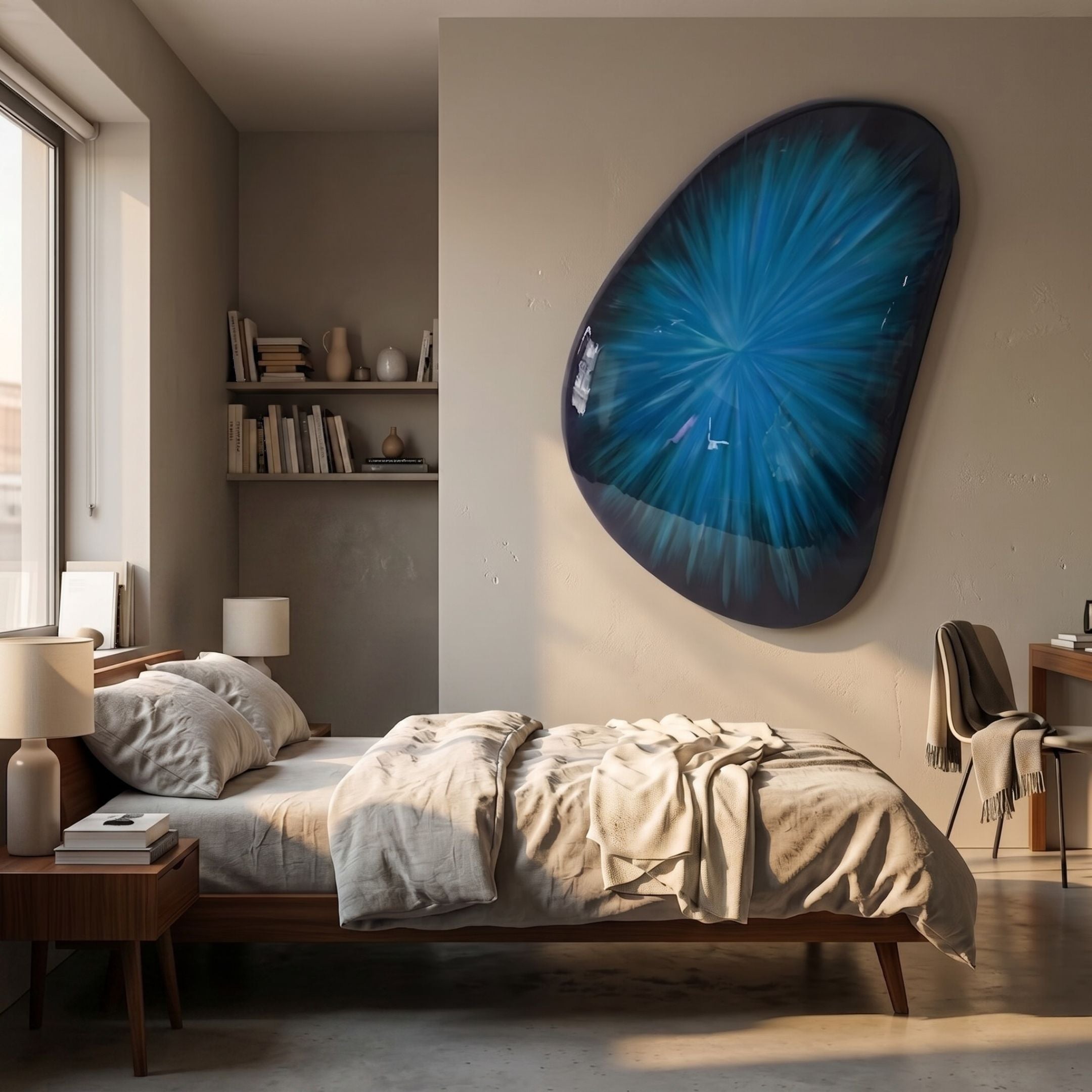 Veyora Sapphire Glow 3D Relief Wall Art by Giant Sculptures, an oval polished resin piece with sapphire-blue starburst veining, mounted above a bed in a neutral bedroom.