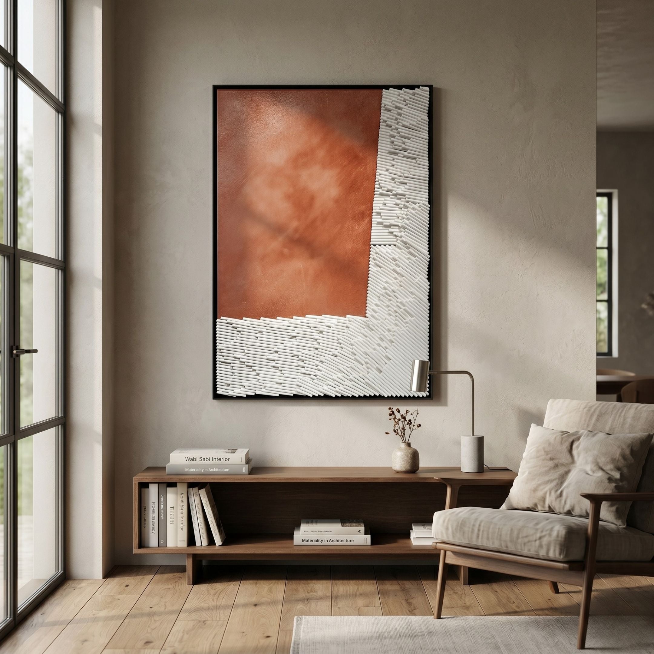 Cartura Copper & White Angled Fold Paper 3D Wall Art by Giant Sculptures displayed above a wooden console with books in a Nordic-style living room.
