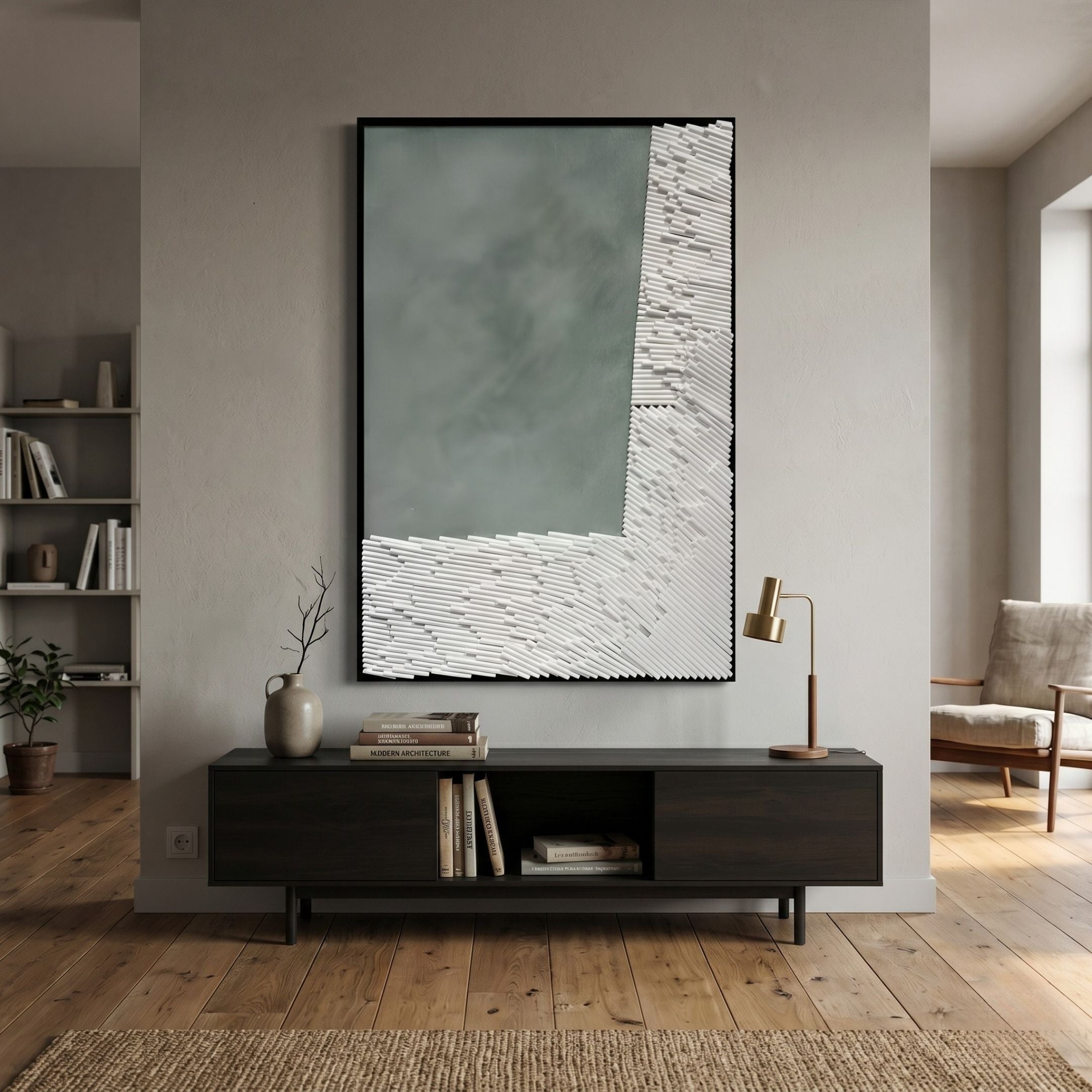 Cartura Grey & White Angled Fold Paper 3D Wall Art by Giant Sculptures mounted above a dark wood console with brass lamp in a Nordic living room.