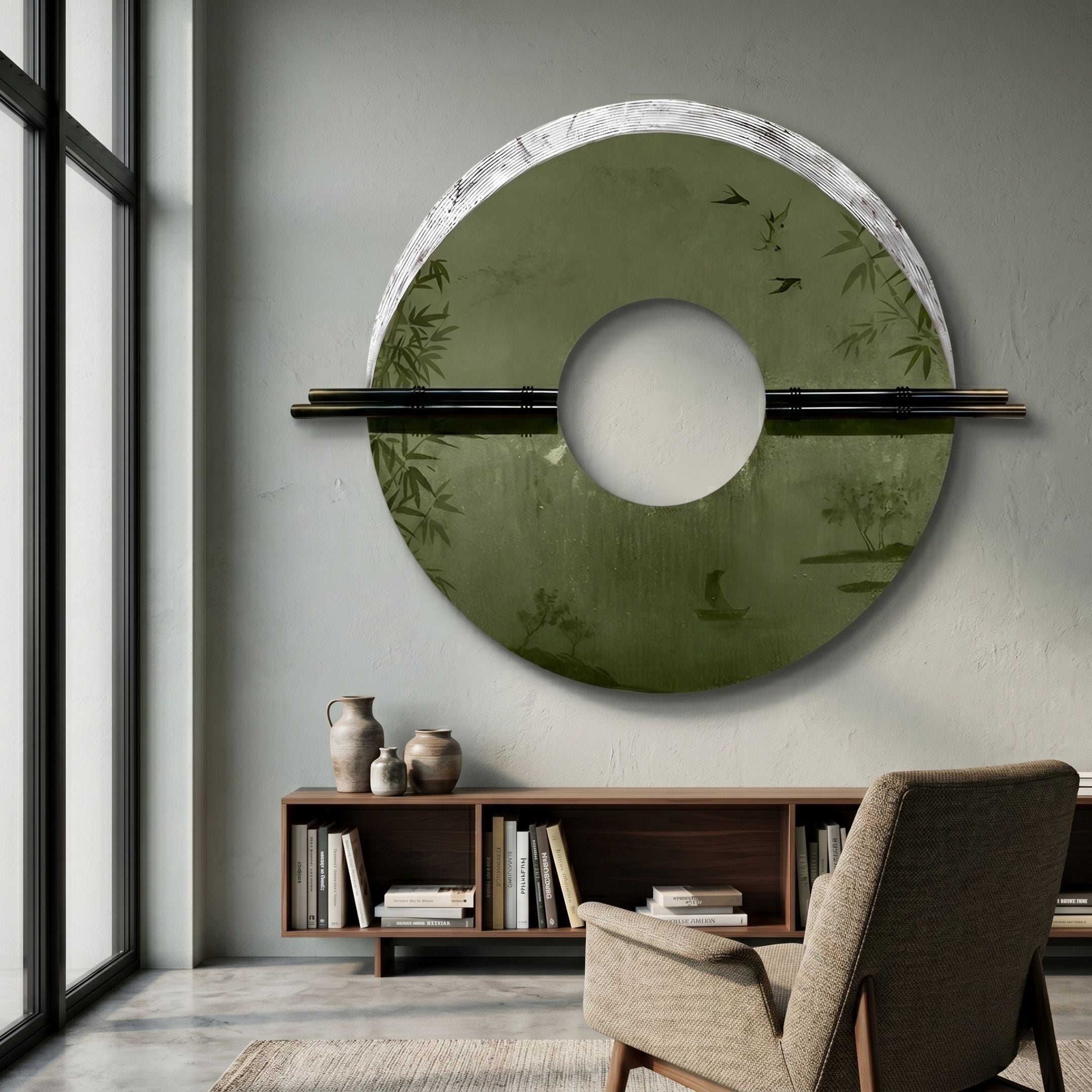 Zenithra Green Bamboo Landscape Circular 3D Wall Art by Giant Sculptures, a jade-green disc with bamboo motifs and black rods, above a wooden bookshelf.