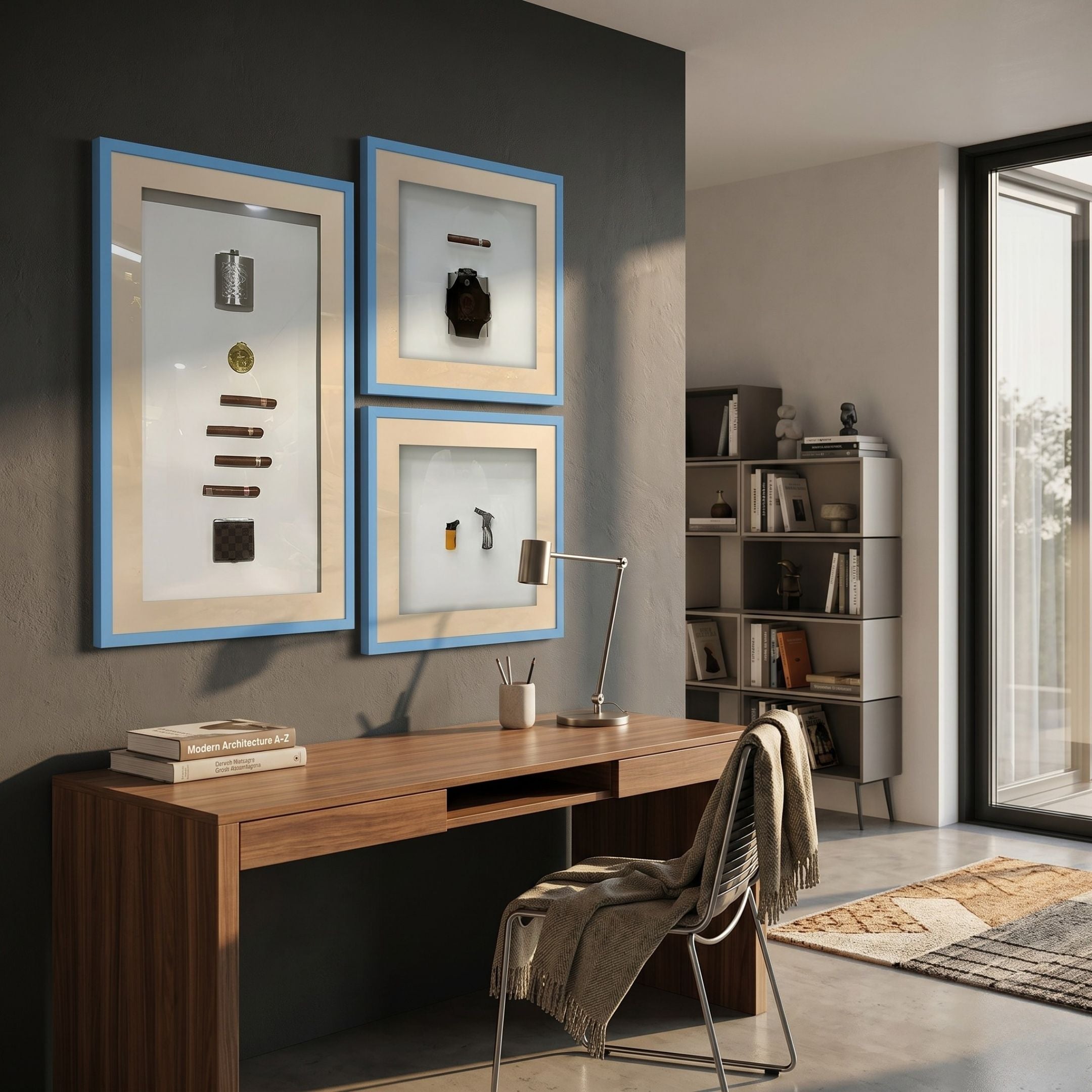 Vitara 3-Set Silver Flask & Gold Seal Cigar Framed 3D Wall Art by Giant Sculptures displayed above a walnut desk in a modern home office.