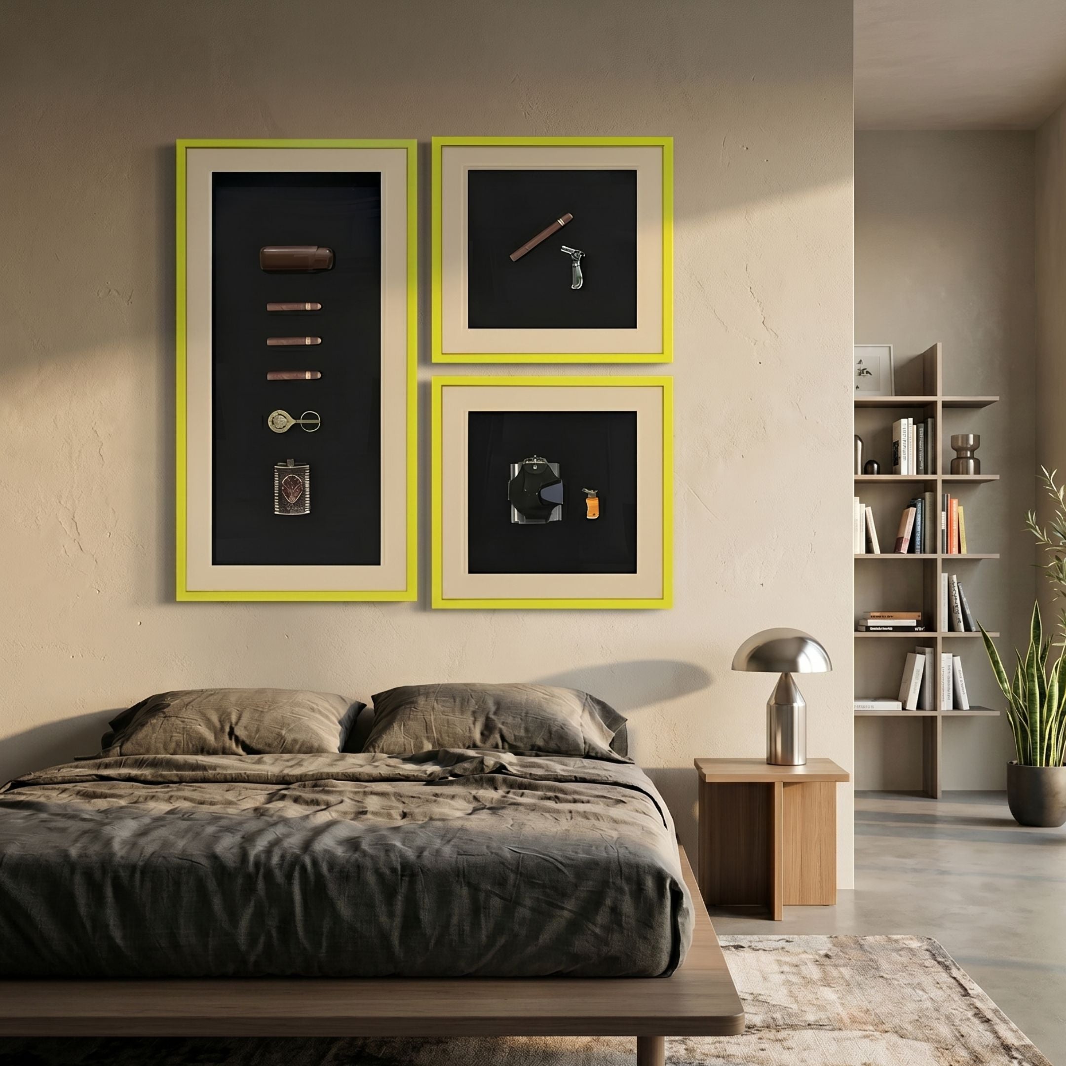 Tabacora 3-Set Vintage Cigar & Flask Framed 3D Wall Art by Giant Sculptures, displayed above a bed with grey linens beside a bookshelf and metal lamp.