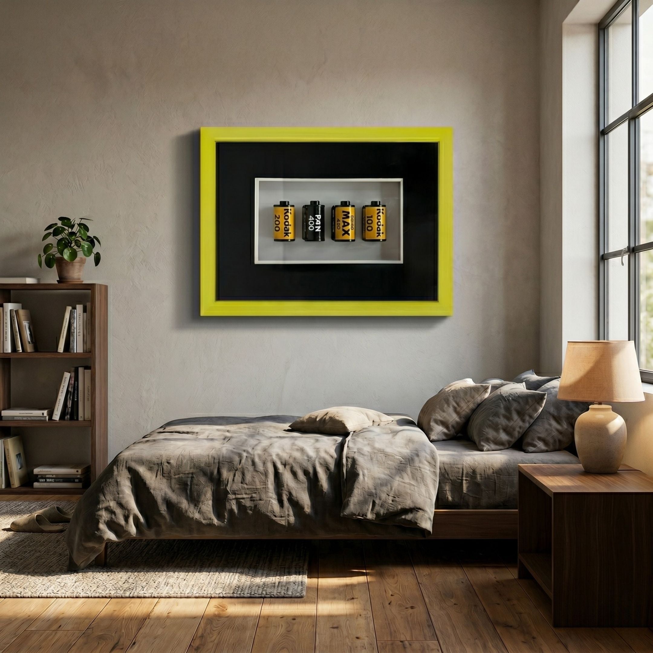 Fotura Kodak Film Roll Framed 3D Wall Art by Giant Sculptures in a yellow shadow-box frame, hung above a grey-linen bed beside a bookshelf and window.