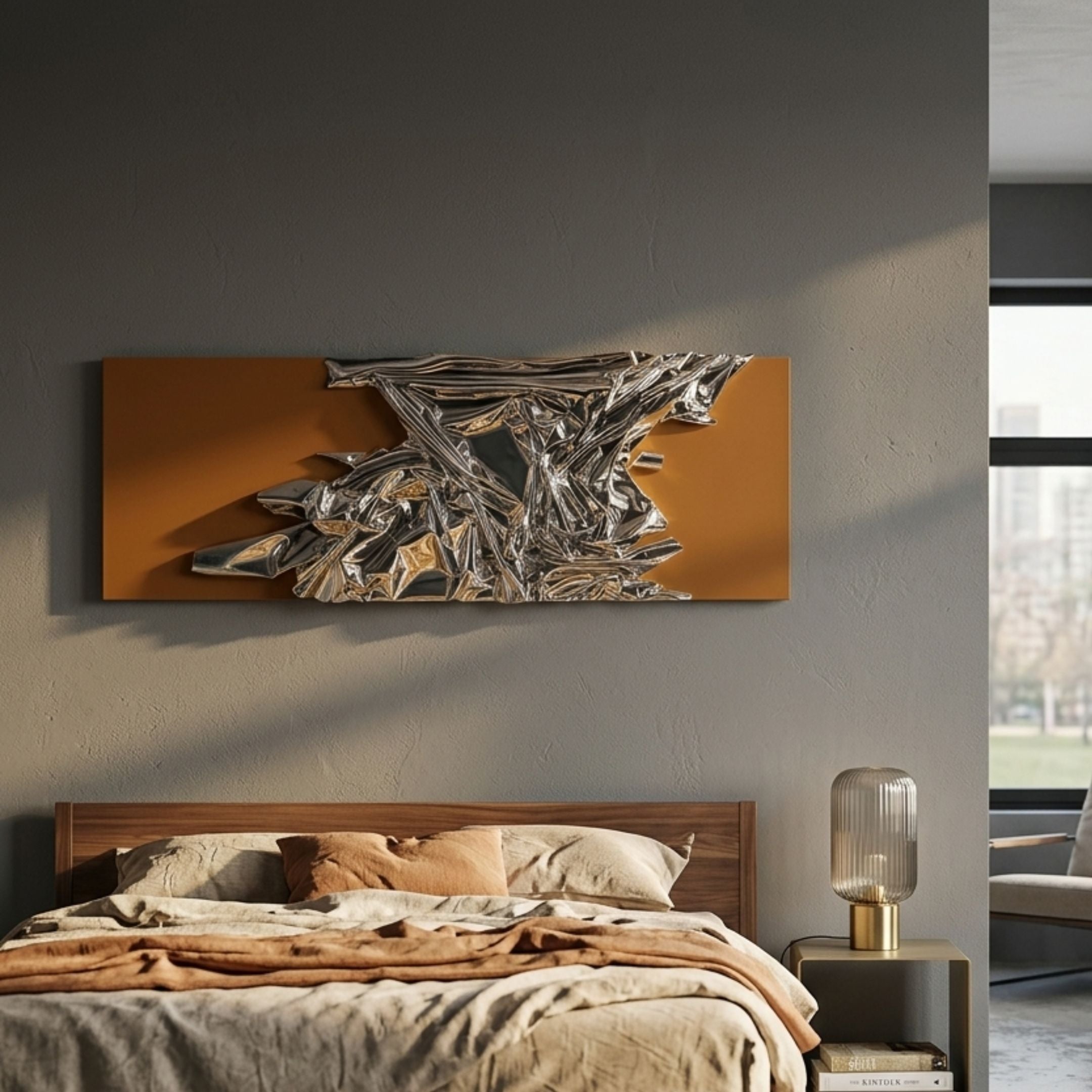 Metarix Silver & Orange Backdrop Leather 3D Wall Art by Giant Sculptures, mounted above a walnut bed with linen bedding in a modern grey bedroom.