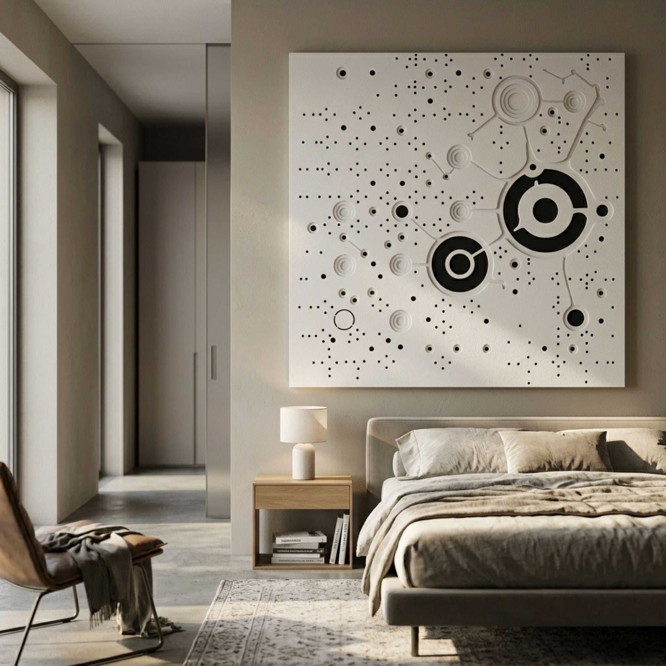 Orbryne Black & White Constellation Abstract 3D Wall Art mounted above a bed in a minimalist bedroom with a wooden nightstand, lamp, and neutral linens.