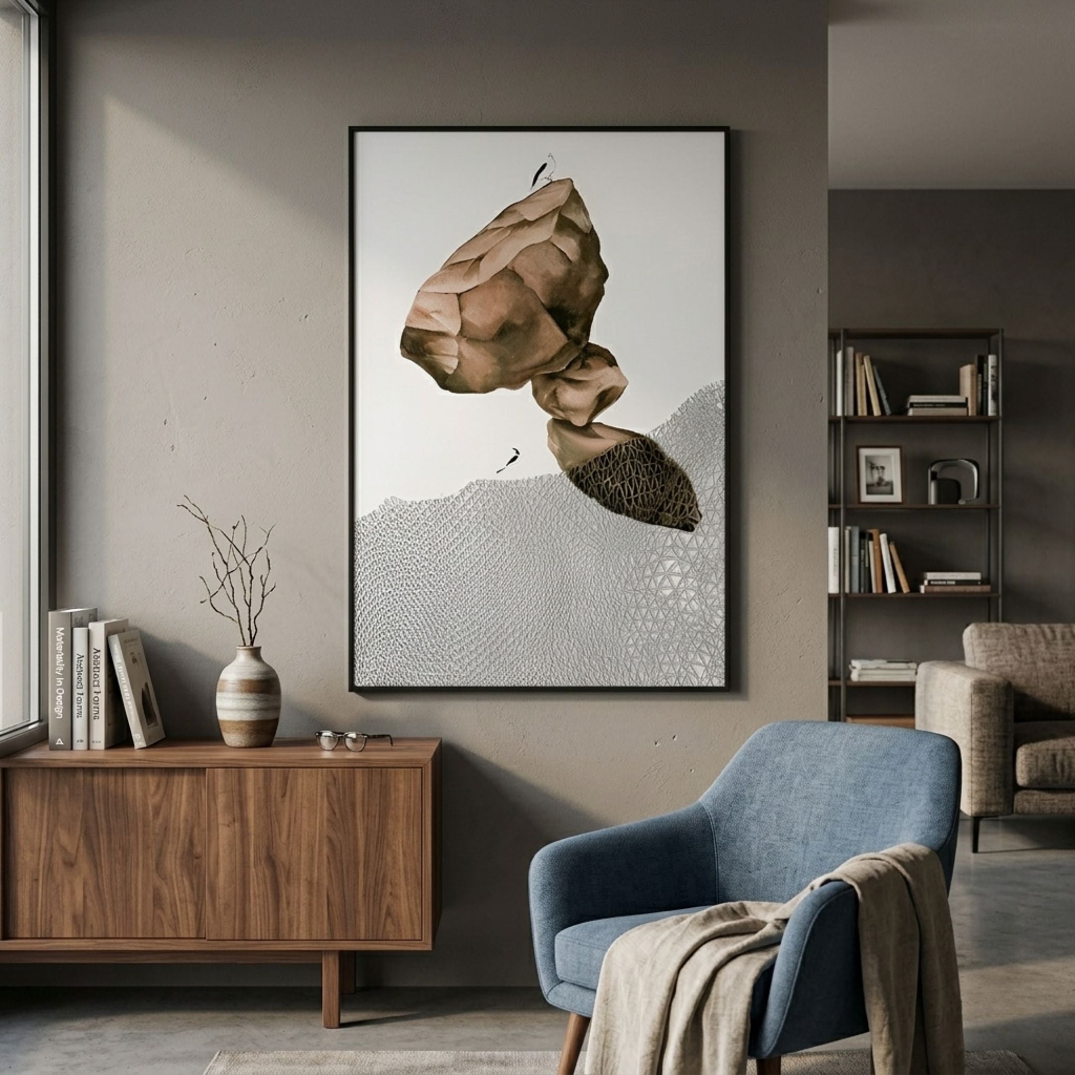 Avalora I Earth Crest Abstract Geometric 3D Wall Art by Giant Sculptures, displayed above a walnut sideboard in a modern living room with a blue armchair.