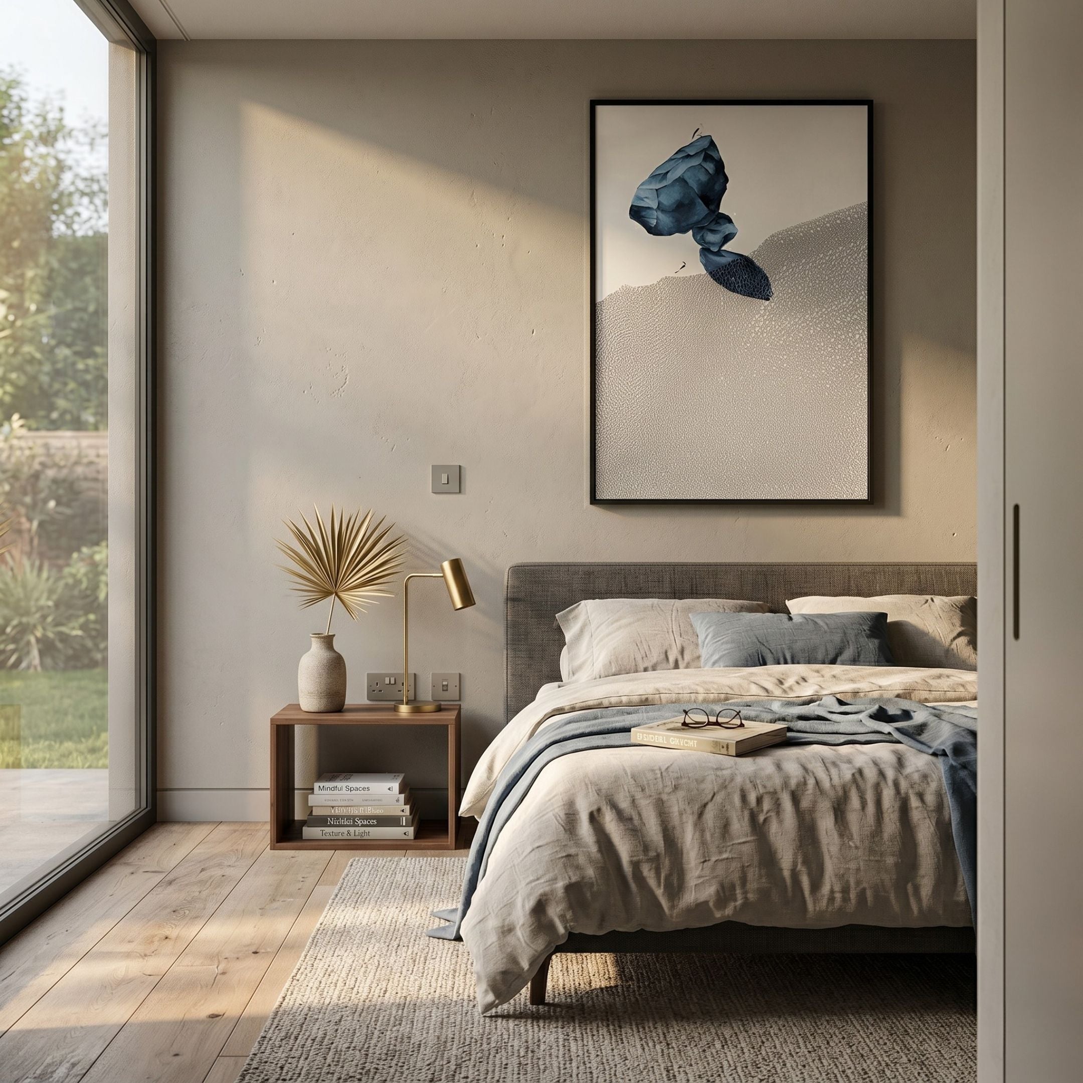 Avalora II Blue Crest Abstract Geometric 3D Wall Art by Giant Sculptures displayed above a linen-dressed bed with a brass lamp and dried palm in a sunlit bedroom.
