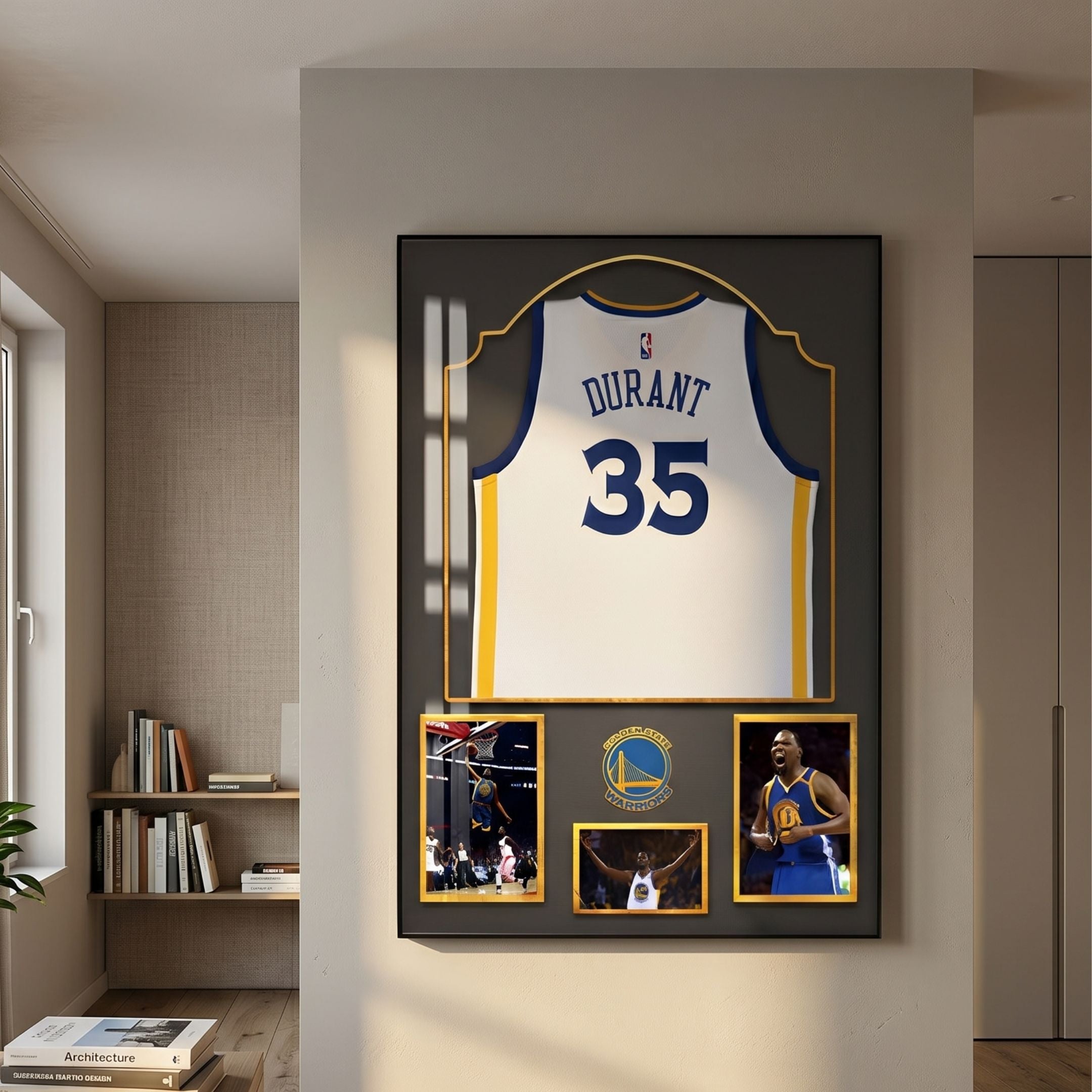 Legends Kevin Durant #35 Warriors Jersey Framed Wall Art by Giant Sculptures displayed in a hallway with bookshelves, featuring the white jersey and action photos.