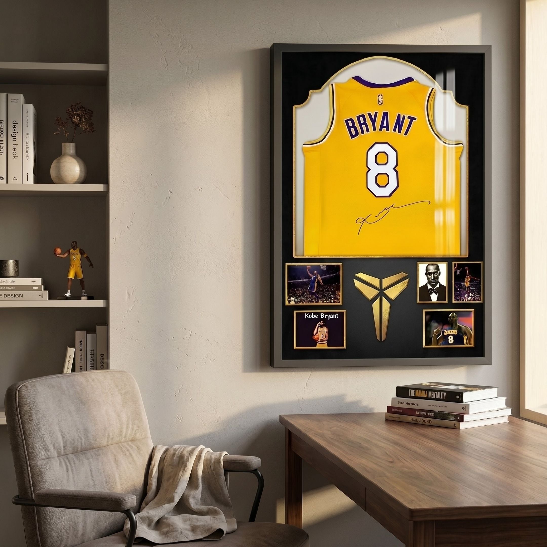 Legends Kobe Bryant #8 Lakers Jersey Framed Wall Art by Giant Sculptures displayed above a wooden desk beside a shelf with books and a Kobe figurine.