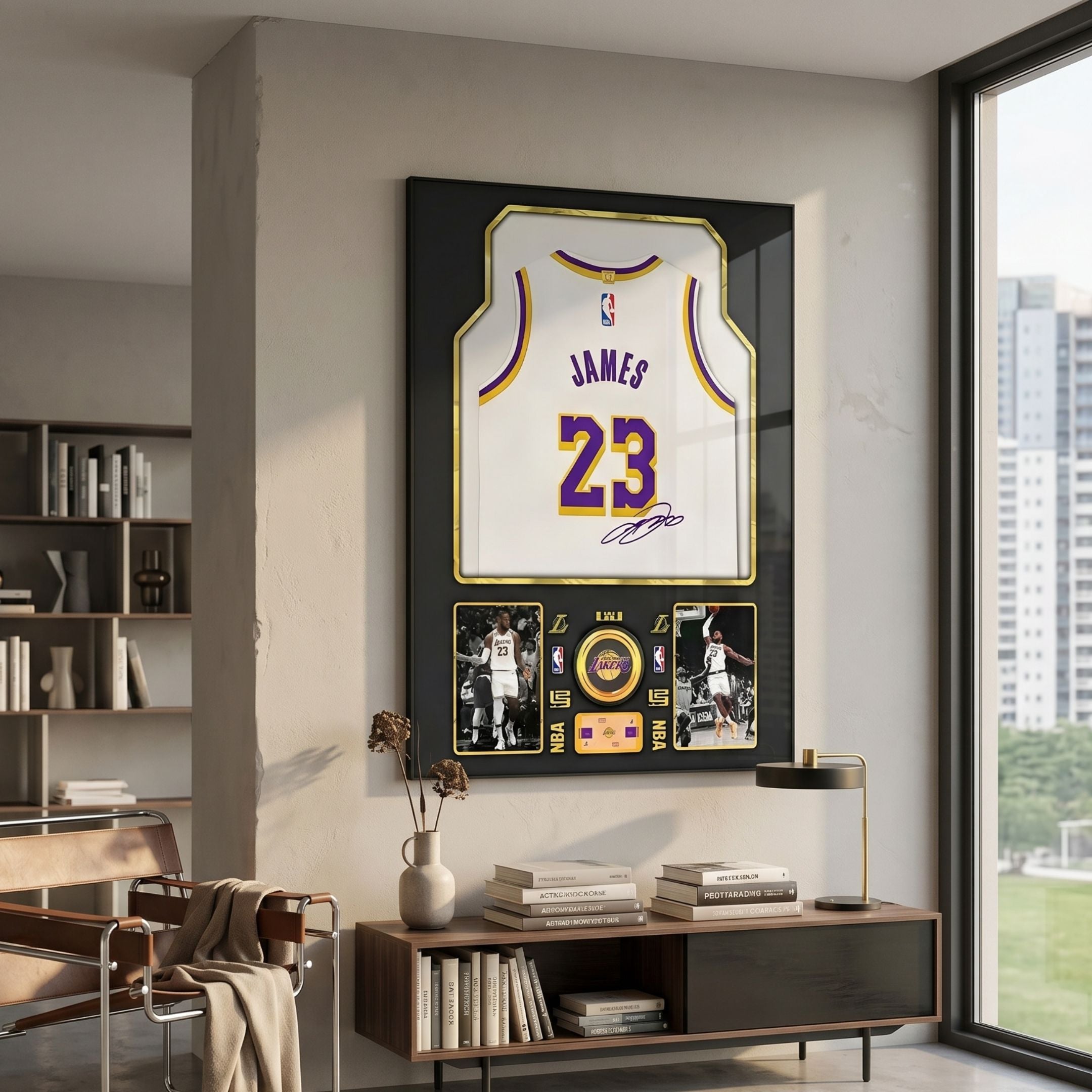 Legends LeBron James #23 Lakers Jersey Framed Wall Art mounted on a neutral wall above a wooden console with books, beside a leather chair and window.