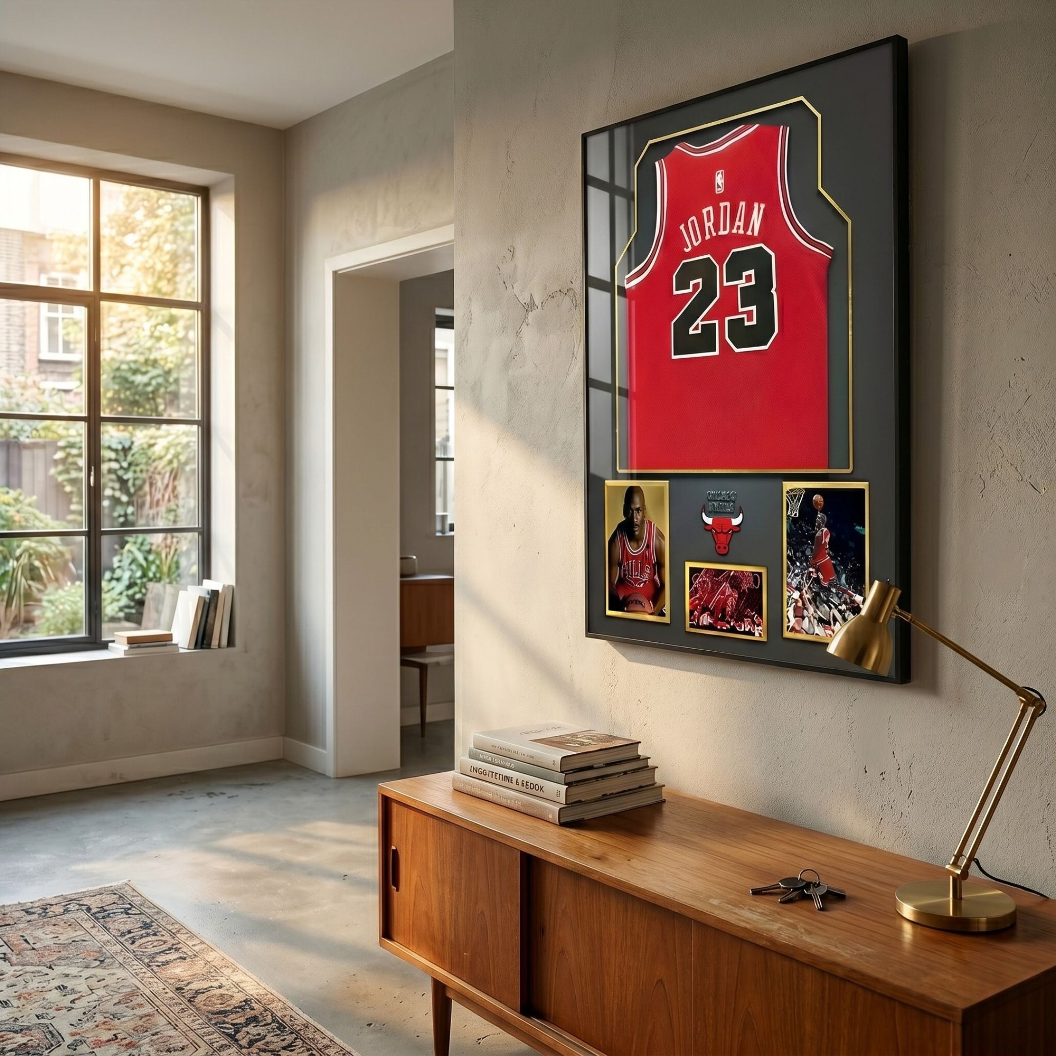 Legends Michael Jordan #23 Bulls Jersey Framed Wall Art displayed above a mid-century wood sideboard with brass lamp in a sunlit hallway.
