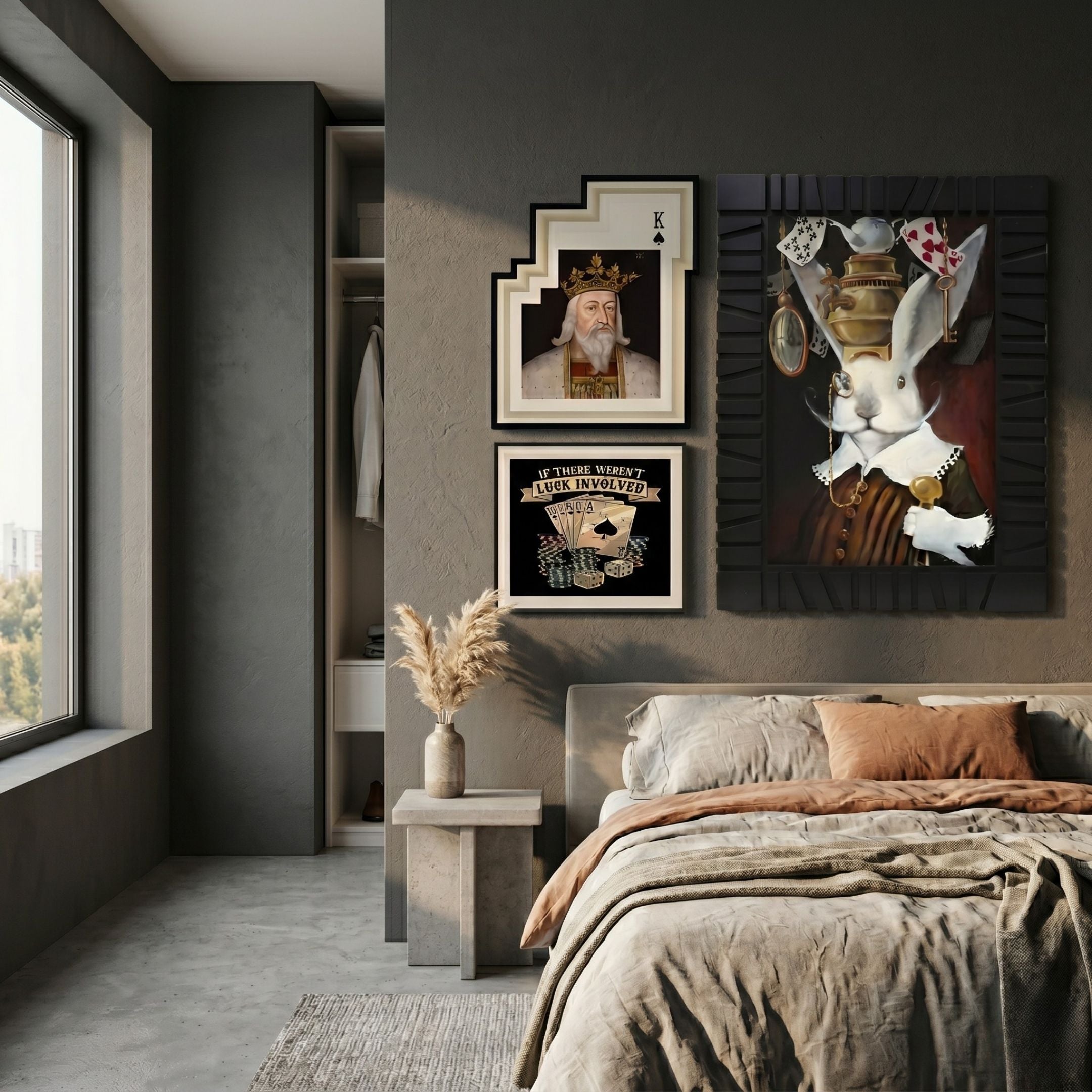 Fantoria 3-Set Cards Genius Oil Canvas Wall Art by Giant Sculptures displayed above a bed, pairing a king of spades, casino symbols, and Victorian rabbit panels.