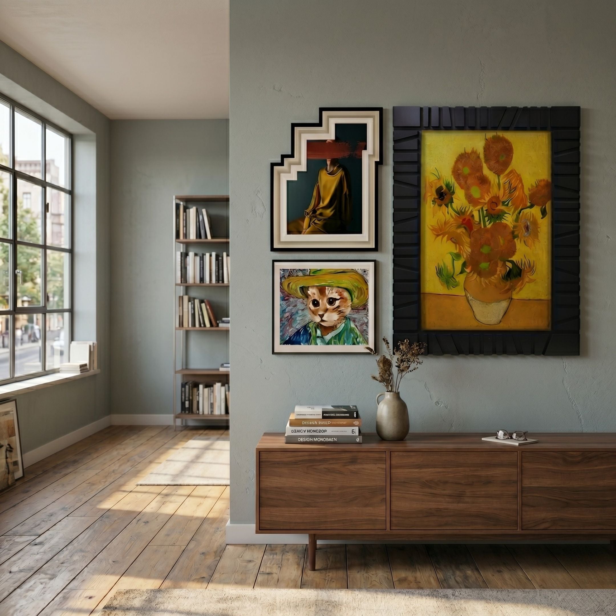 Fantoria 3-Set Abstract Portrait Oil Canvas Wall Art by Giant Sculptures, featuring a figure, Van Gogh sunflowers, and a cat portrait above a walnut sideboard.