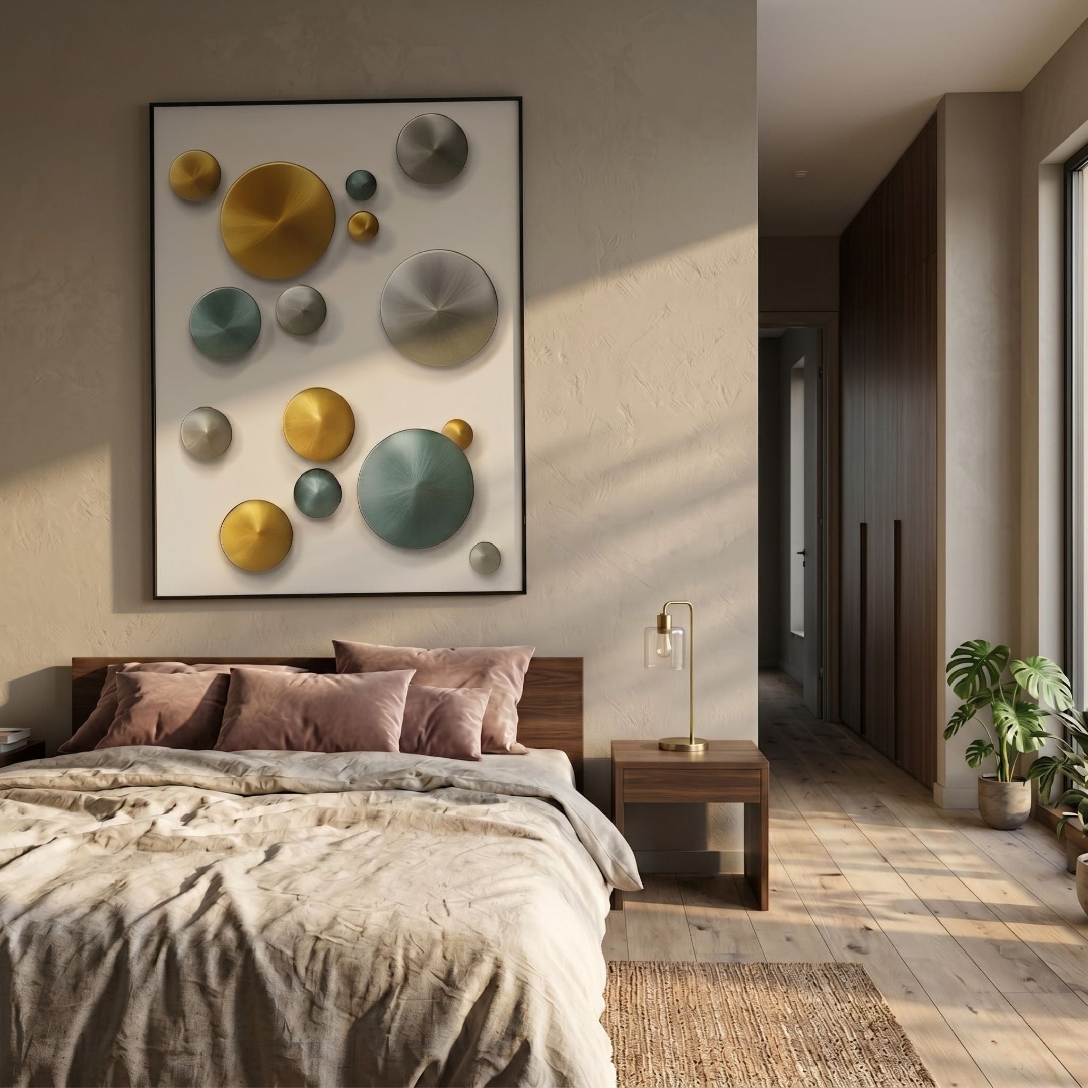 Orbienta III Multi-Tone Disc Cluster 3D Wall Art by Giant Sculptures, with gold, silver and teal metal discs in a black frame, above a wooden bed.
