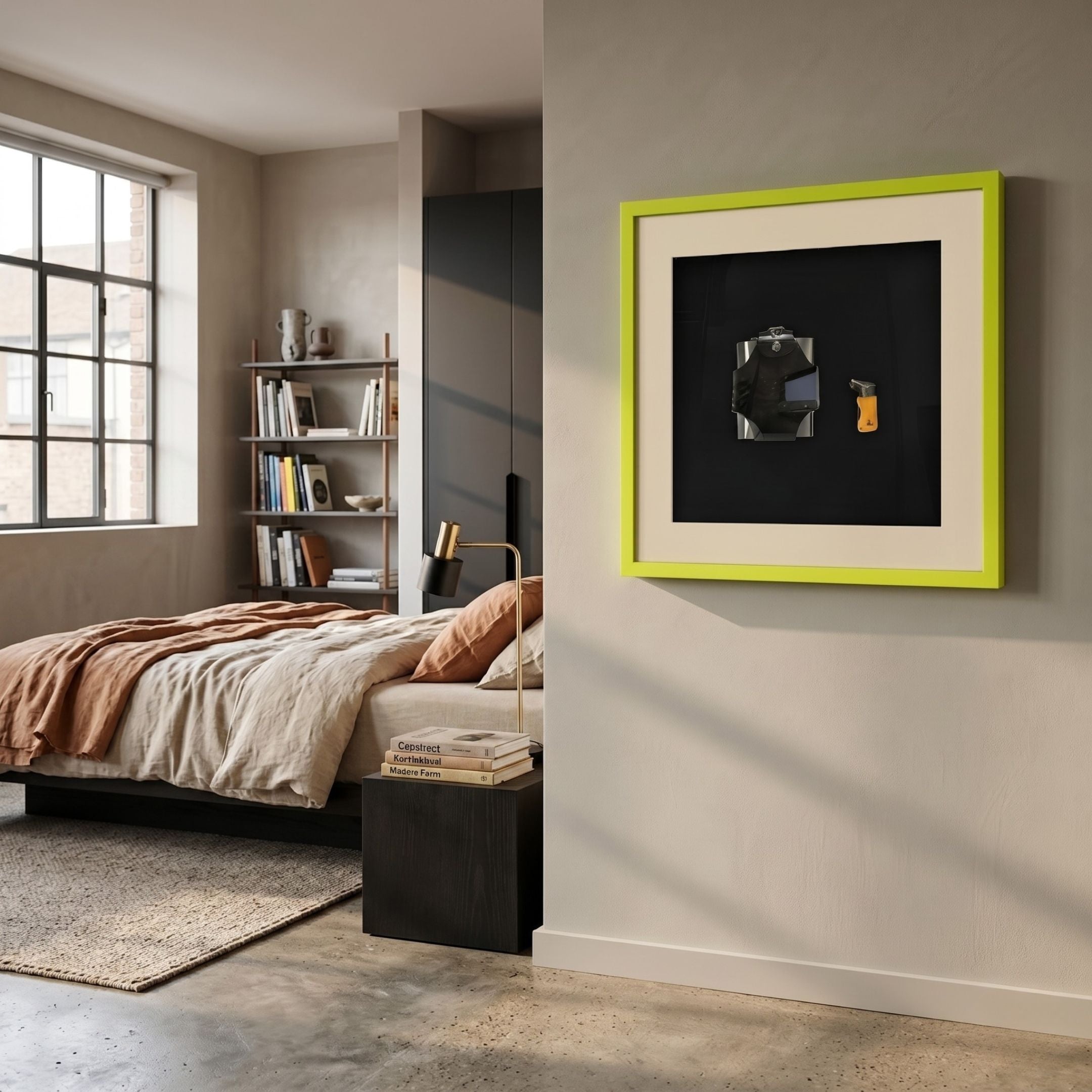 Tabacora Hip Flask & Lighter Framed 3D Wall Art by Giant Sculptures, light-green frame with beige mat and black backing, displayed on a bedroom wall beside a linen bed.
