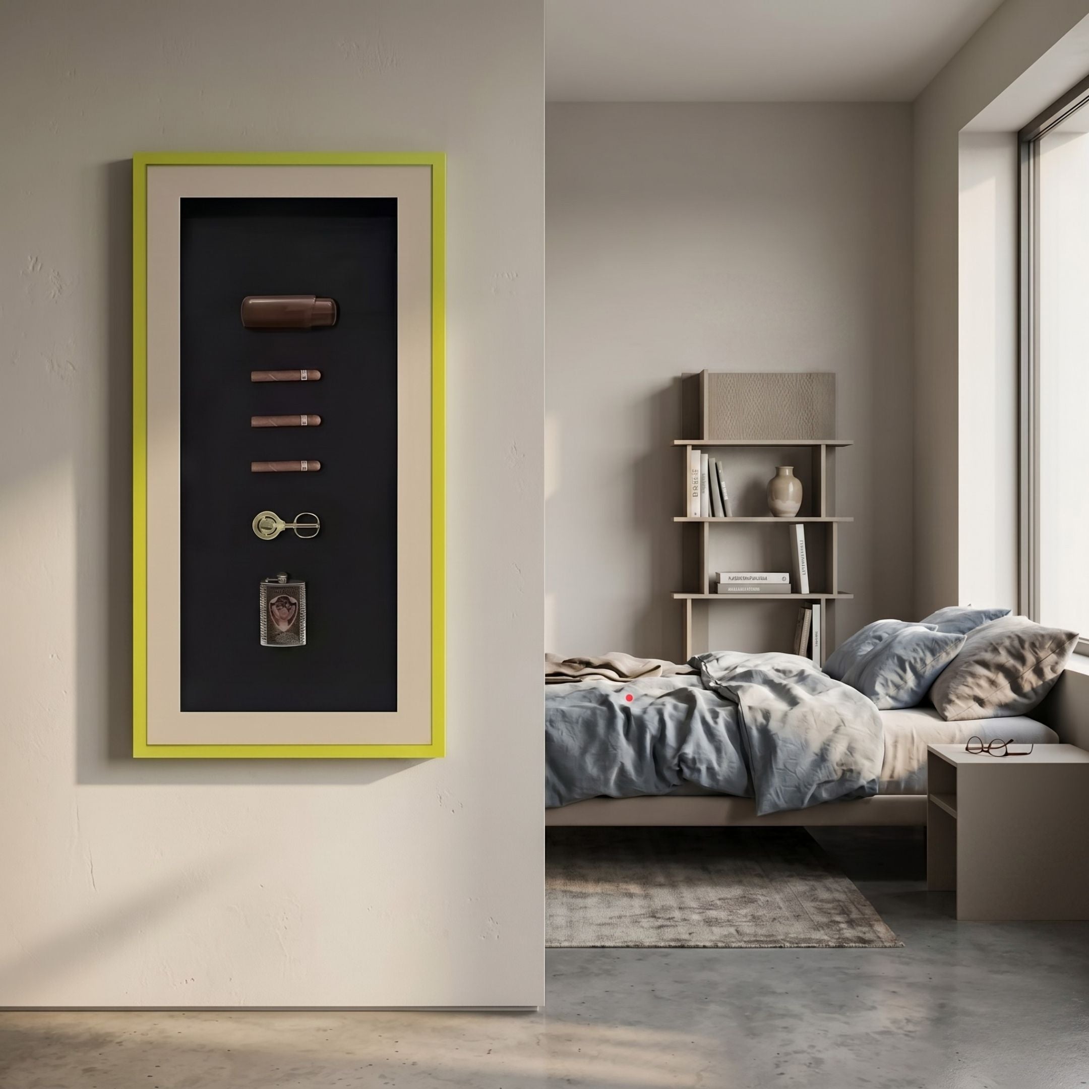 Tabacora Cigar Case & Accessories Framed 3D Wall Art by Giant Sculptures, with yellow and beige frame, mounted on a beige wall beside a modern bedroom.