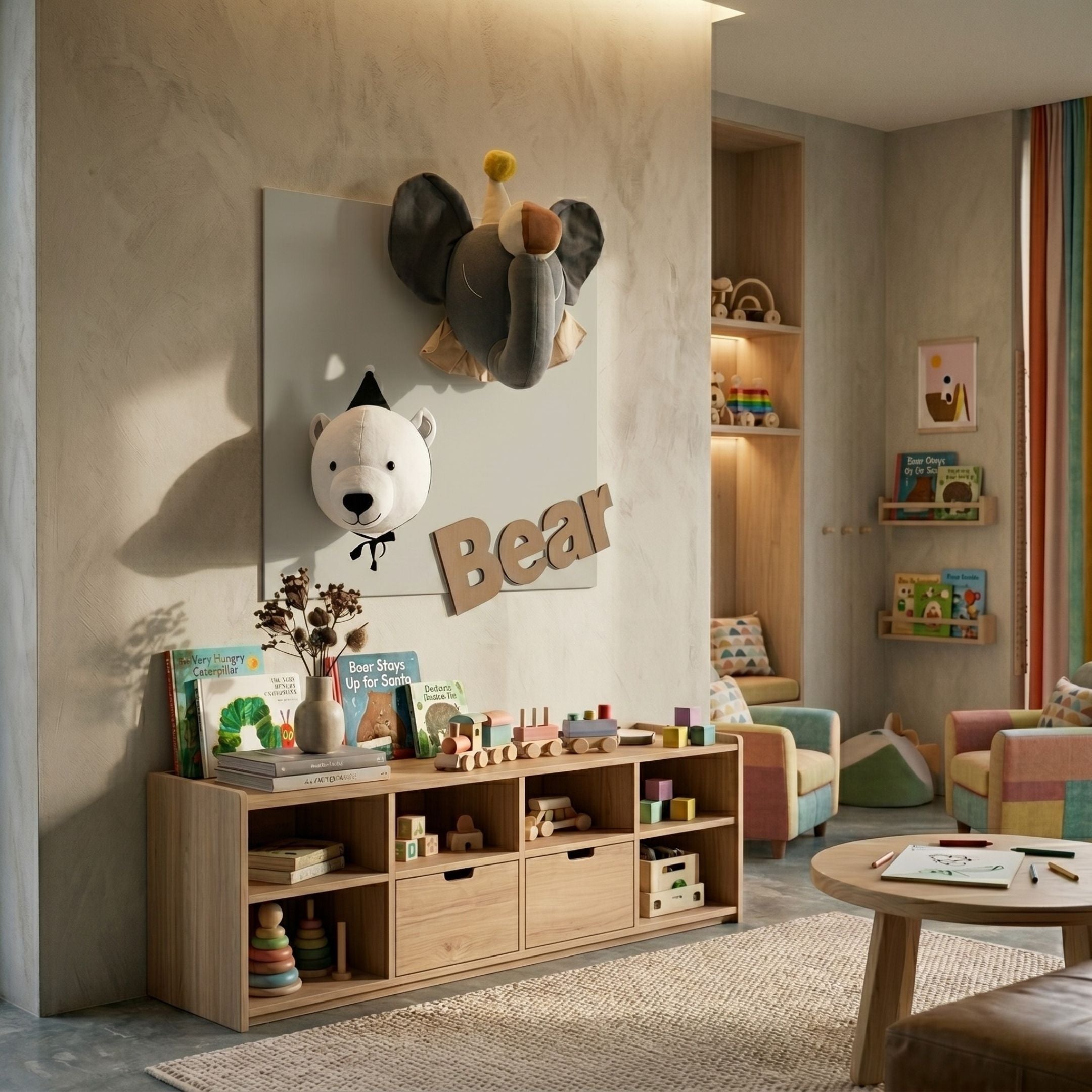 Animora Elephant & Bear Kids Plush 3D Wall Art by Giant Sculptures displayed above a wooden toy storage unit in a children's playroom with books and pastel armchairs.