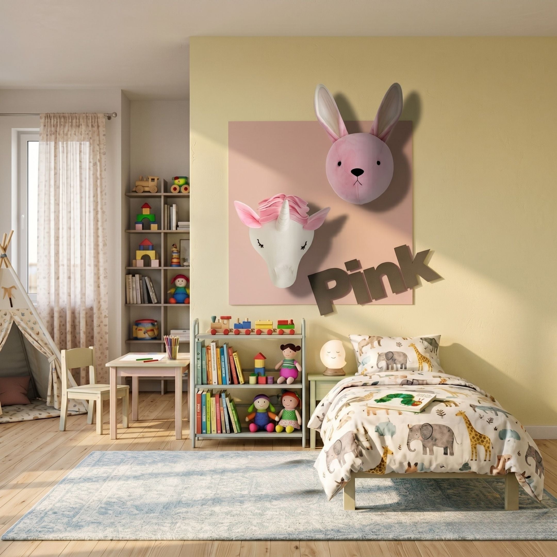 Animora Unicorn & Bunny Pink Kids Plush 3D Wall Art by Giant Sculptures mounted on a yellow wall above a child's bed in a pastel kids' bedroom.