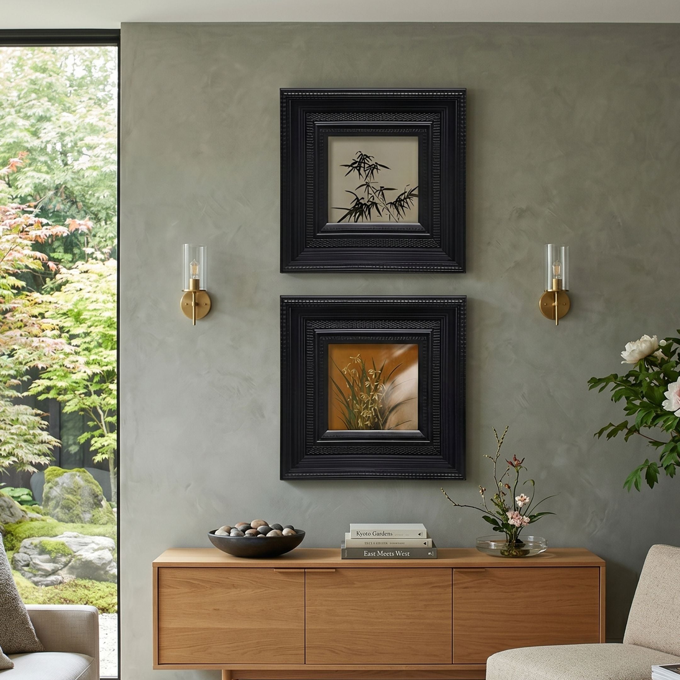 Artelis 2-Set Bamboo & Orchid Botanical Framed Wall Art by Giant Sculptures, black-framed panels stacked on a grey plaster wall above an oak sideboard between brass sconces.