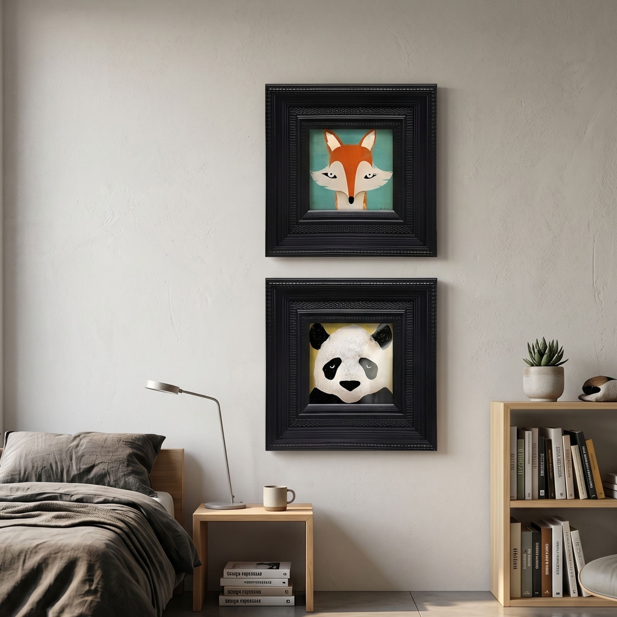 Artelis 2-Set Fox & Panda Animal Framed Wall Art displayed as a stacked diptych above a bedside table in a bedroom with a wooden bookshelf.