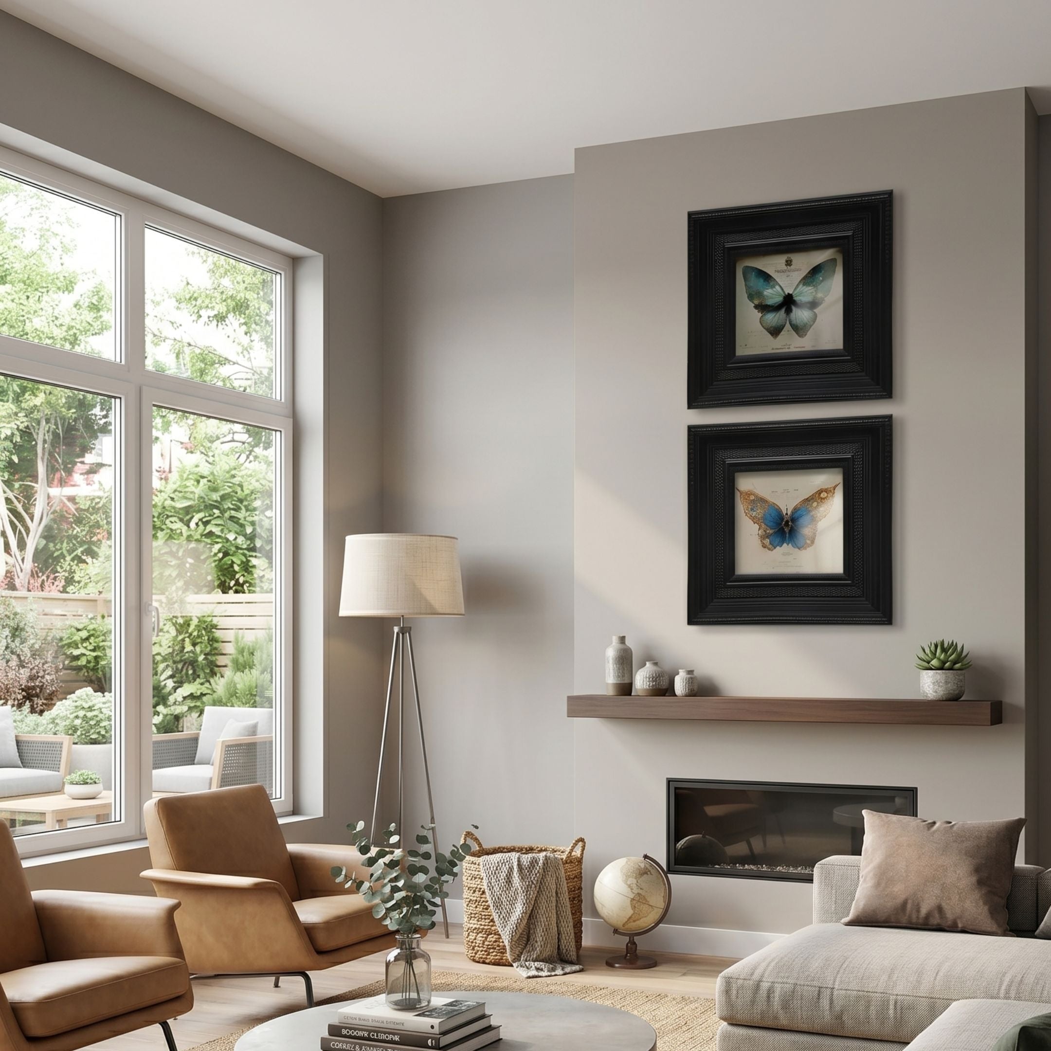 Artelis 2-Set Blue Butterfly Framed Wall Art by Giant Sculptures, vertically stacked ornate black frames on a grey wall above a wooden shelf in a living room.