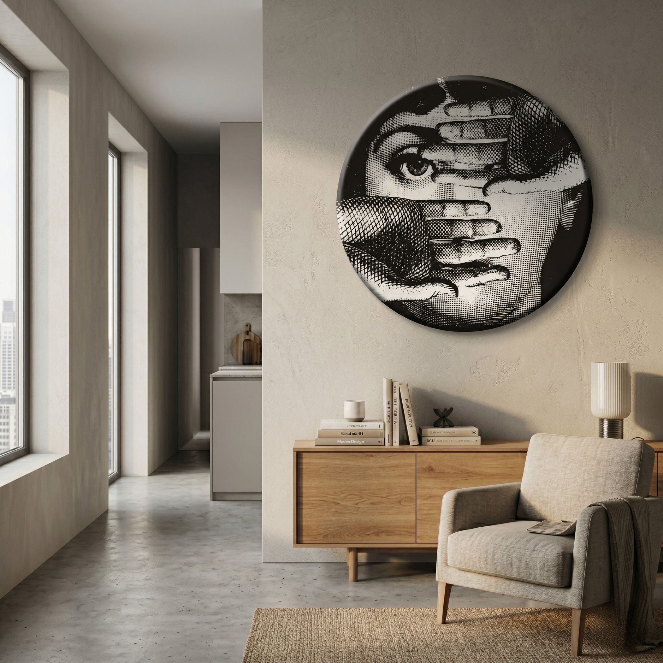 Lunoria Hands Frame Face Round Wood Embossed Wall Art displayed on a beige wall above a wooden sideboard in a modern living room with armchair.