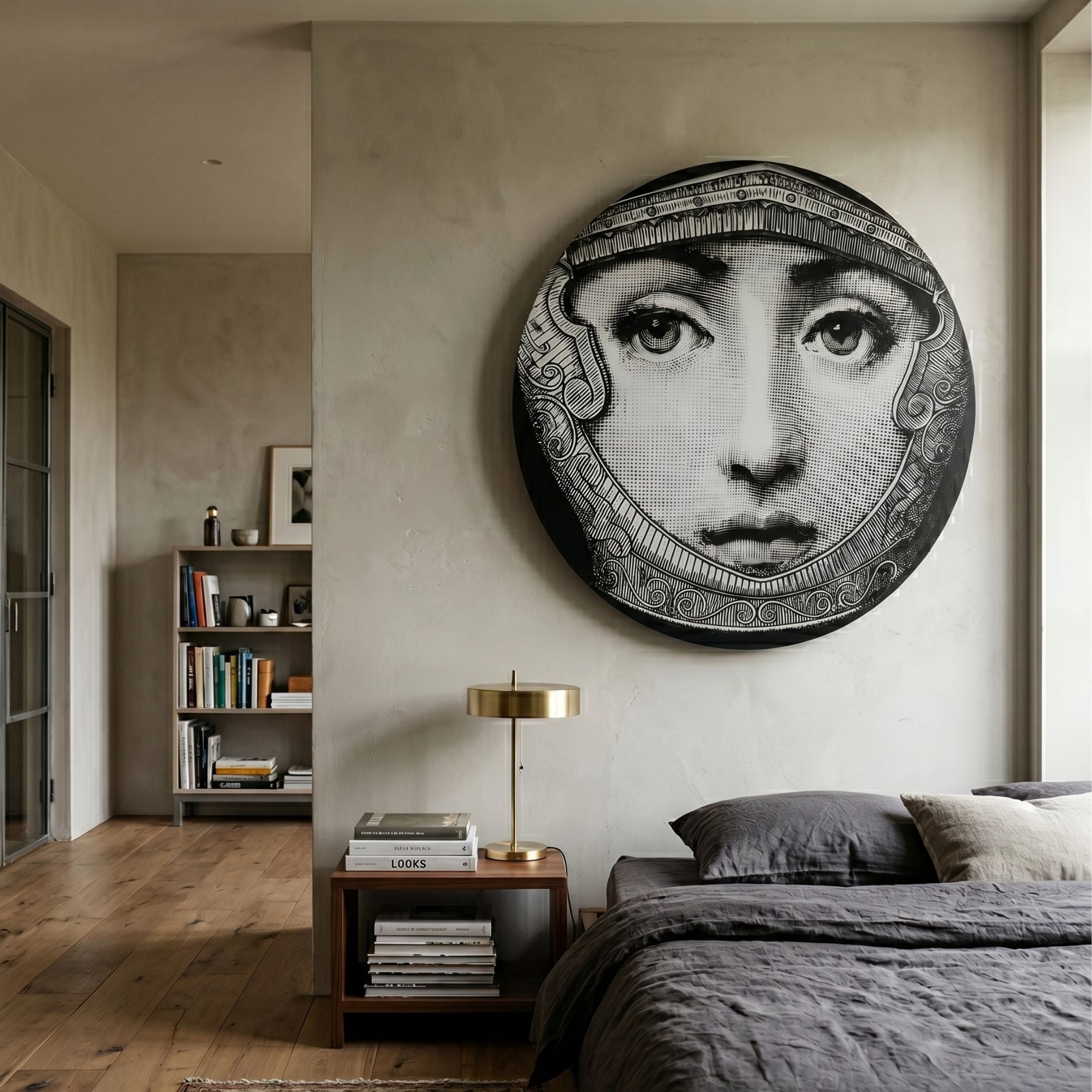 Lunoria Ornate Frame Face Round Wood Embossed Wall Art by Giant Sculptures mounted above a walnut nightstand in a bedroom with grey linen bedding and bookshelf.
