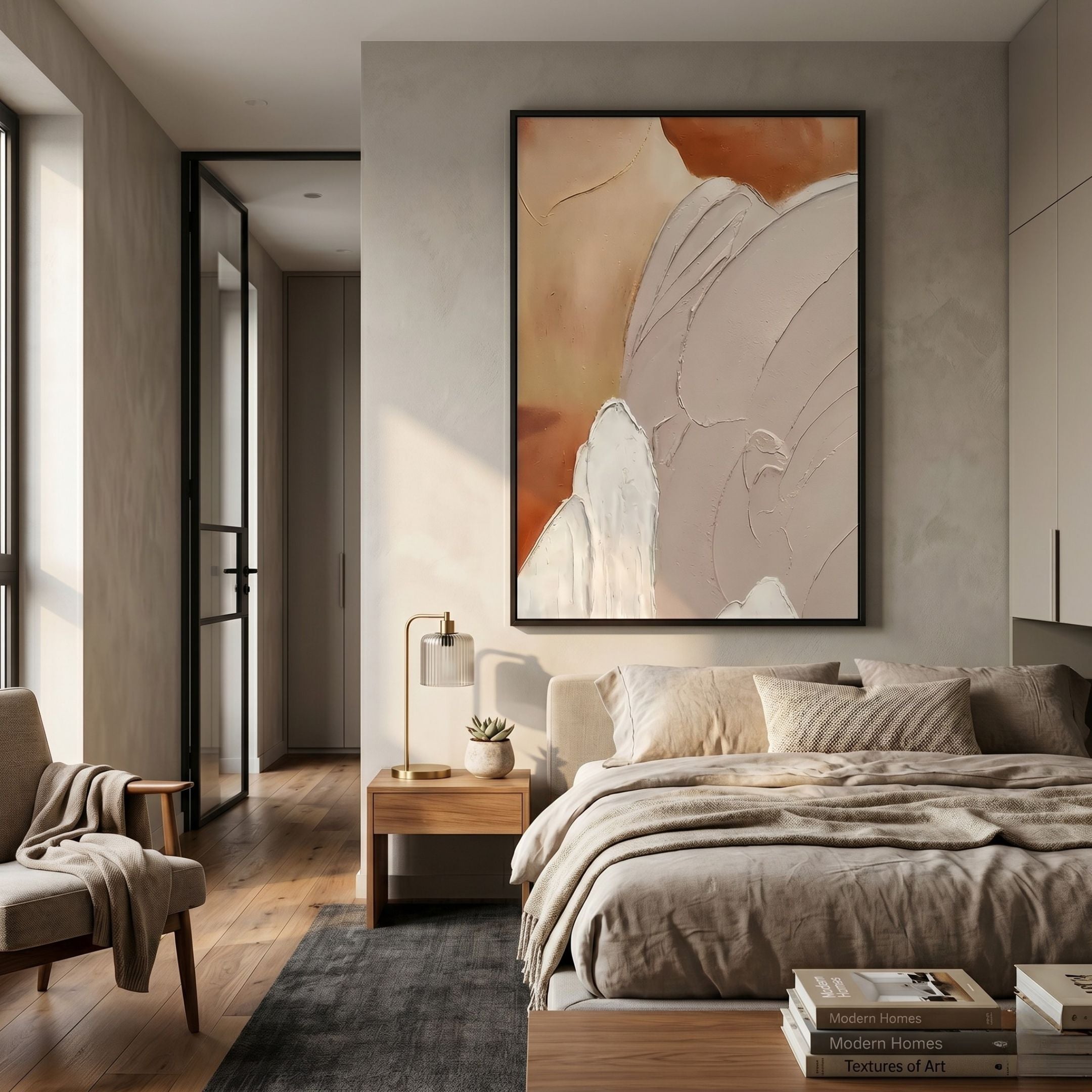 Terrayne II Hand-Painted Oil Canvas 3D Wall Art by Giant Sculptures, framed in black above a wooden nightstand in a neutral bedroom with linen bedding.