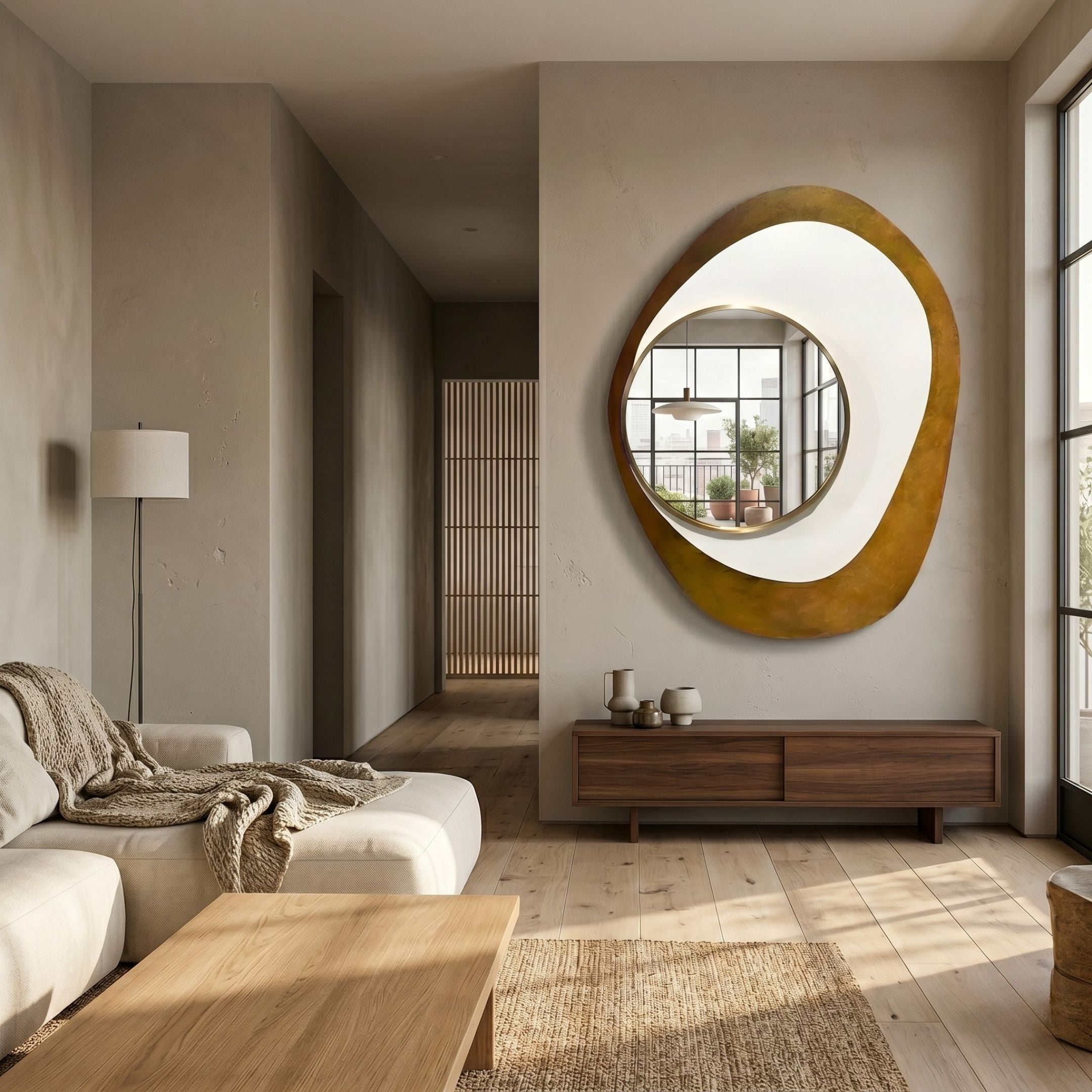 Orrana Gold & White Organic Round Mirror 3D Wall Art by Giant Sculptures mounted in a neutral living room above a walnut sideboard beside a beige sofa.