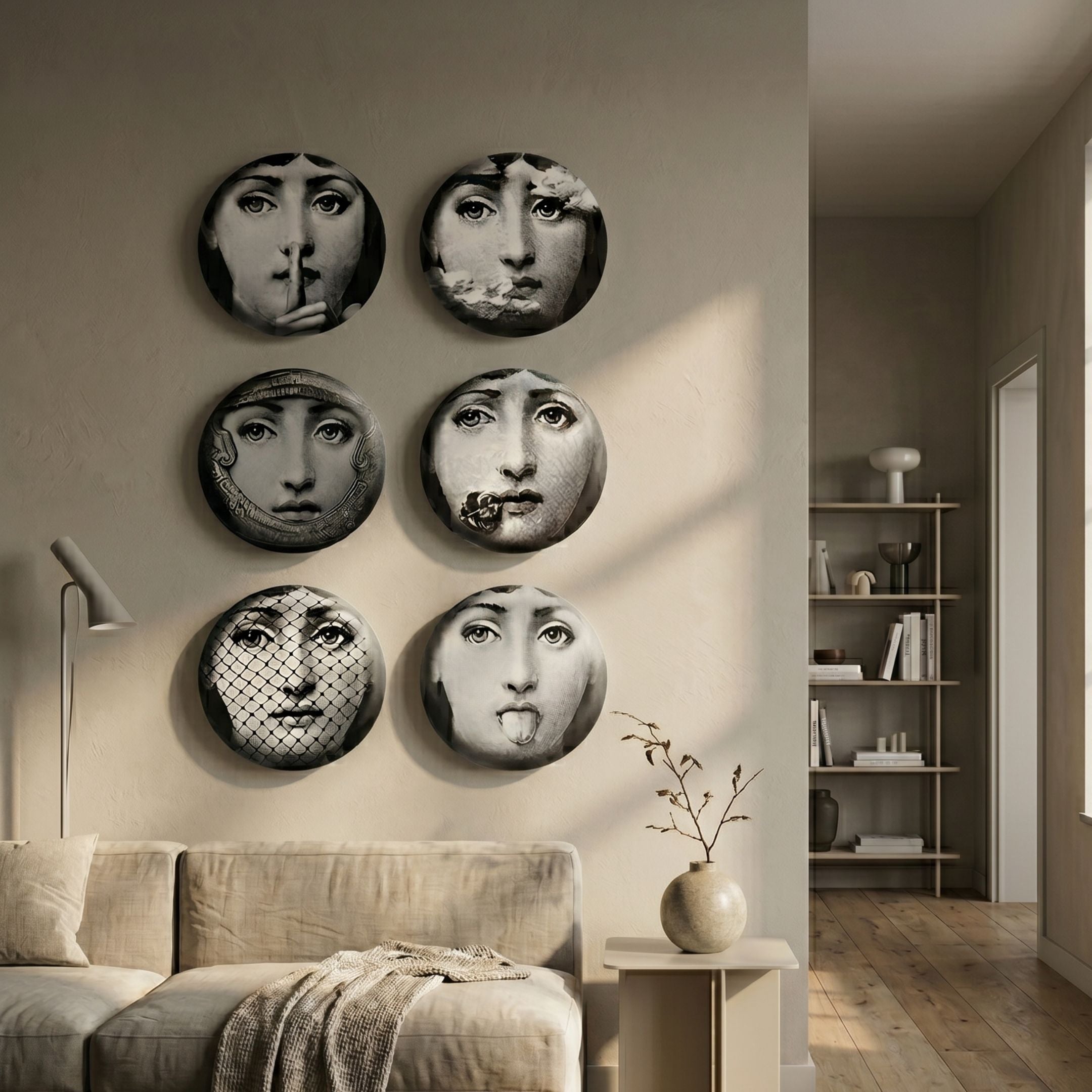 Lunoria Surreal Face 6-Set Round Wood Embossed Wall Art by Giant Sculptures, arranged in a two-column grid above a beige sofa in a neutral living room.