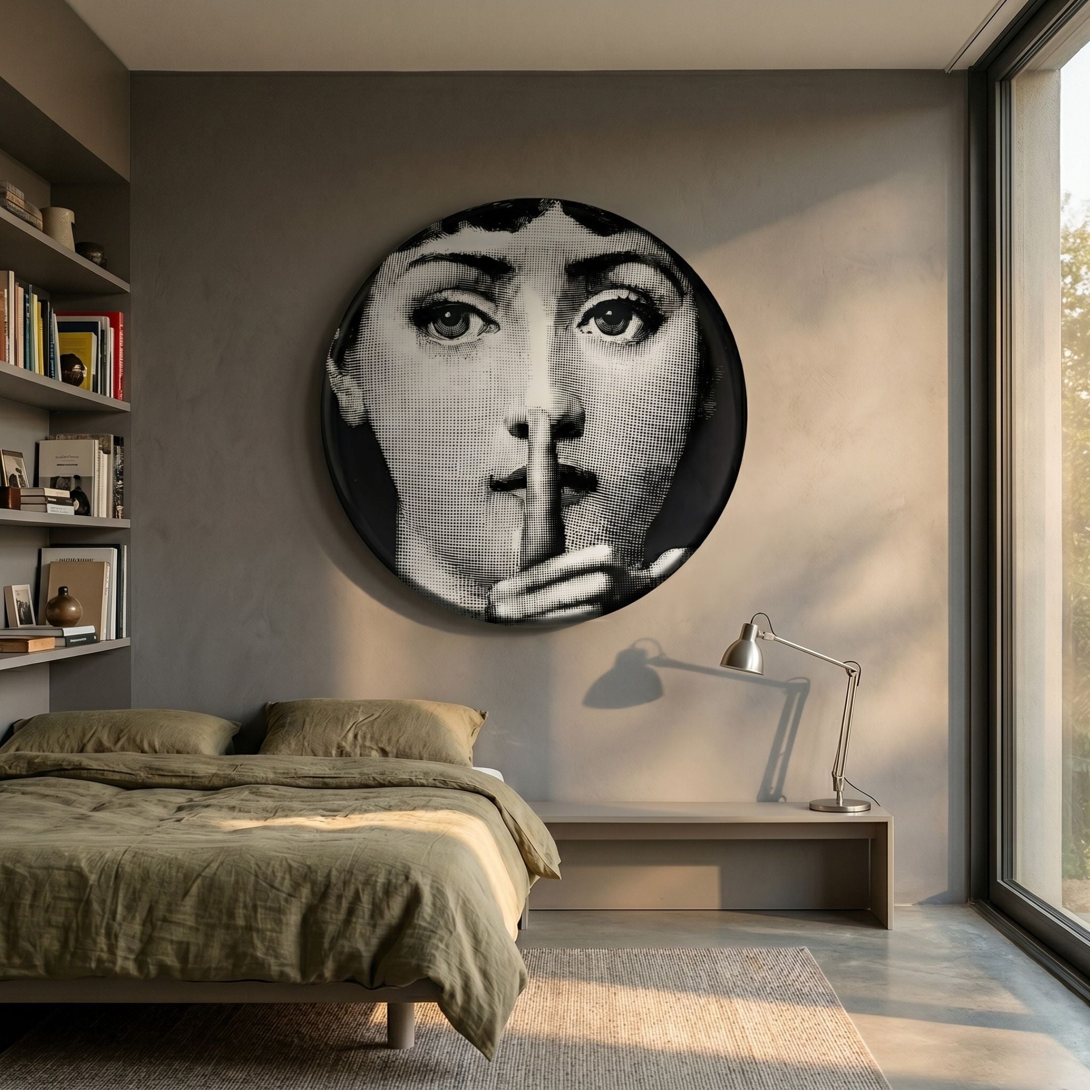 Giant Sculptures Lunoria Silent Gesture Face round wood embossed wall art in black and white, mounted above a bed with olive linens in a modern bedroom.