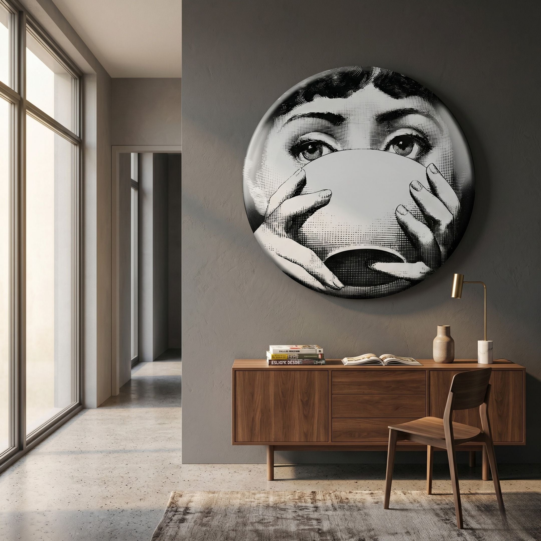 Lunoria Cup Face Round Wood Embossed Wall Art mounted on a grey wall above a walnut sideboard with lamp and books in a sunlit modern hallway.