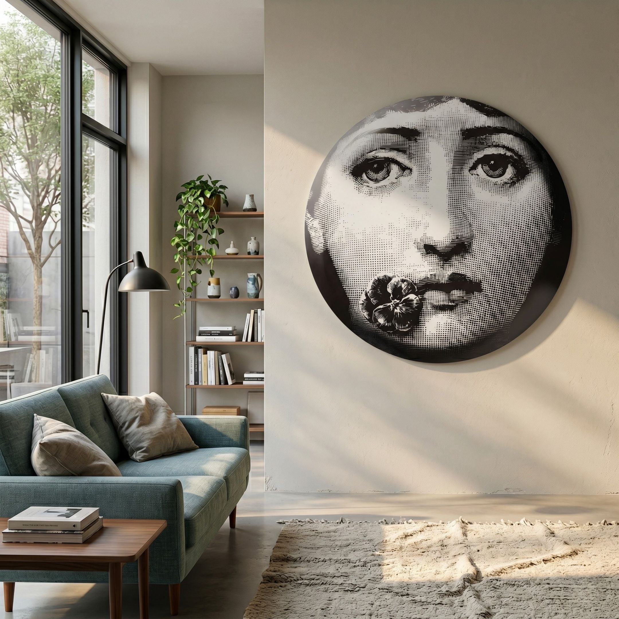 Lunoria Flower Face Round Wood Embossed Wall Art by Giant Sculptures displayed on a cream living room wall above a teal sofa, bookshelf, and floor lamp.