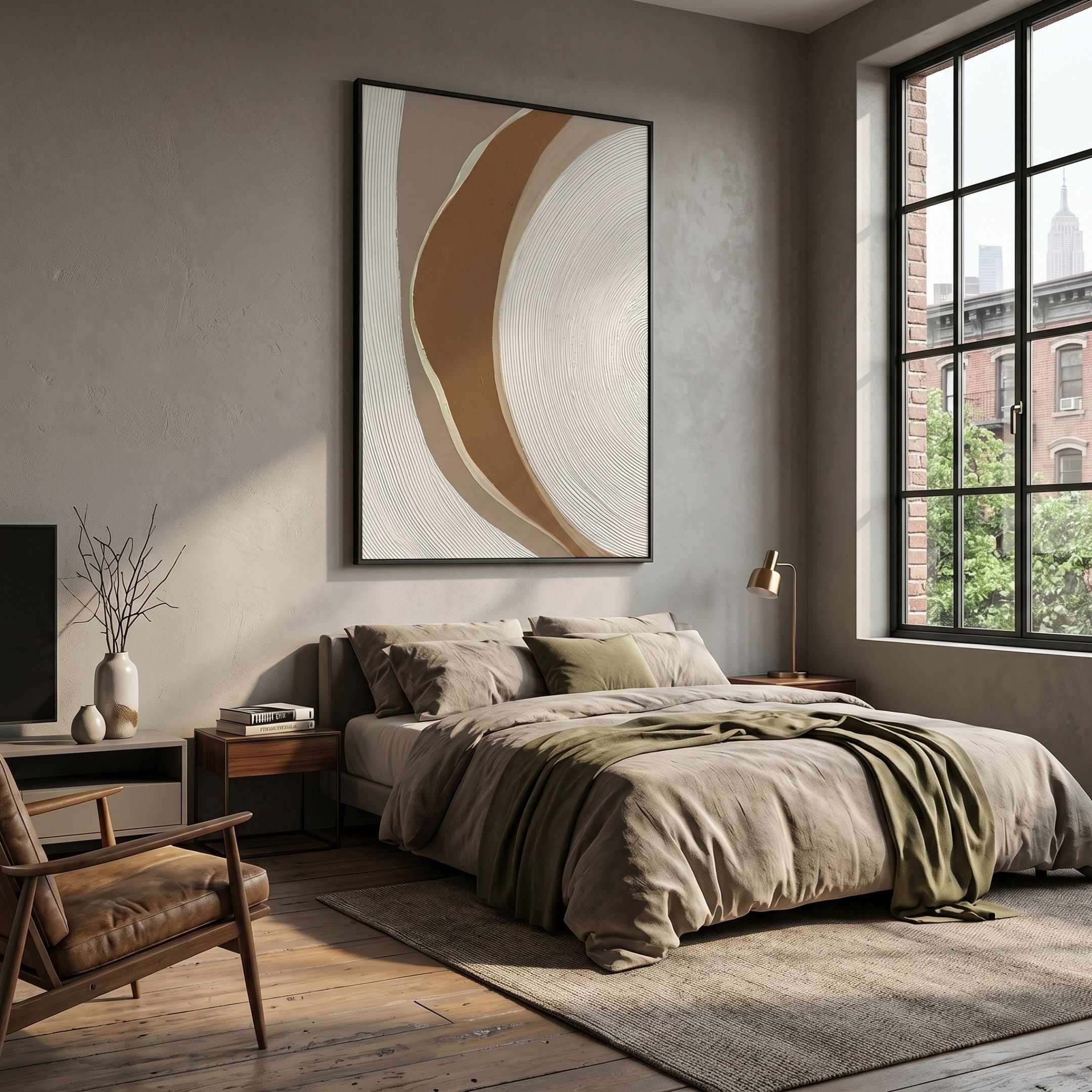 Terrayne IV Hand-Painted Oil Canvas 3D Wall Art with beige, brown, and cream curved bands displayed above a linen bed in a modern bedroom with city window views.