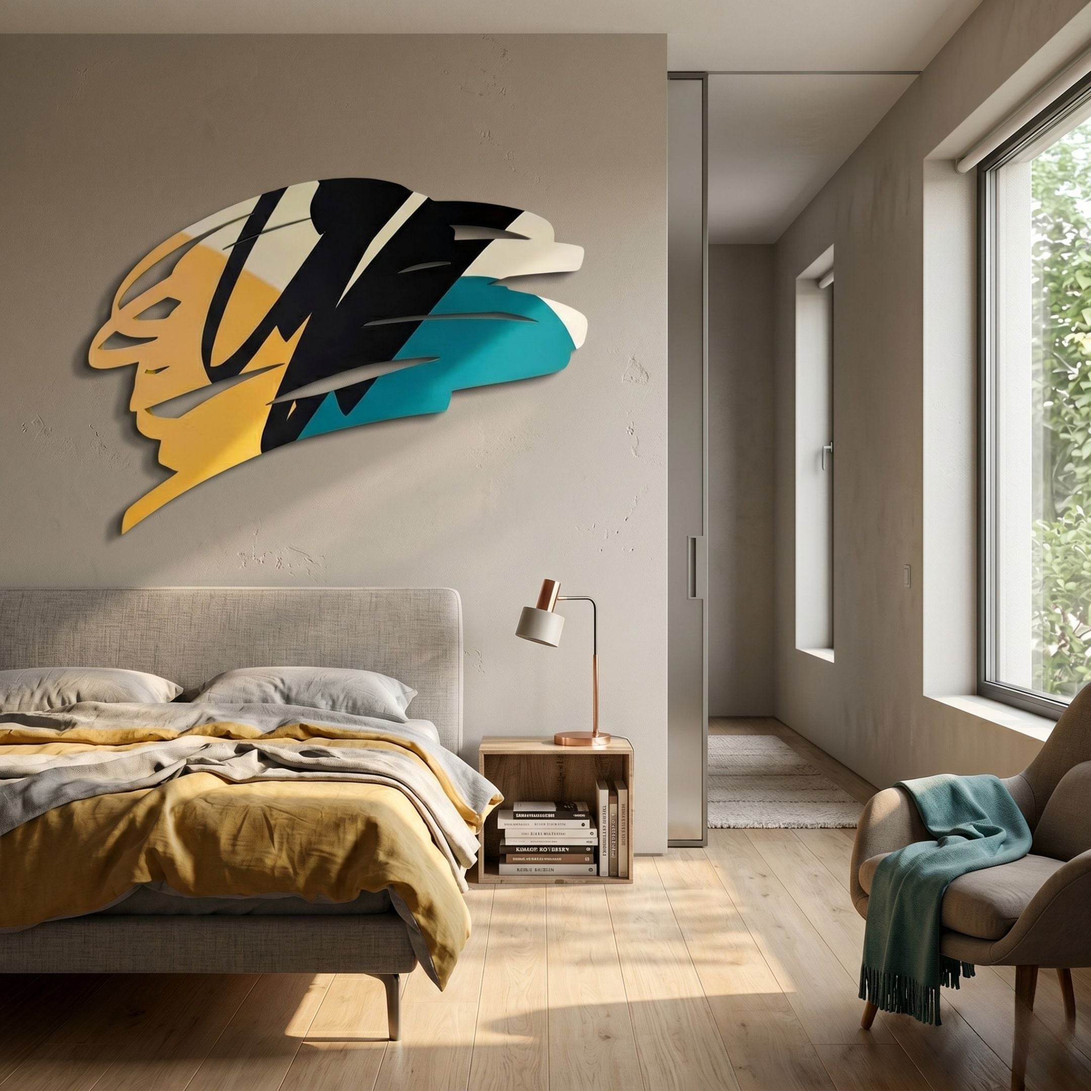 Cavoya Yellow & Teal Brushstroke Abstract Wall Art mounted above a grey upholstered bed with mustard throw, copper lamp, and timber nightstand in a sunlit bedroom.