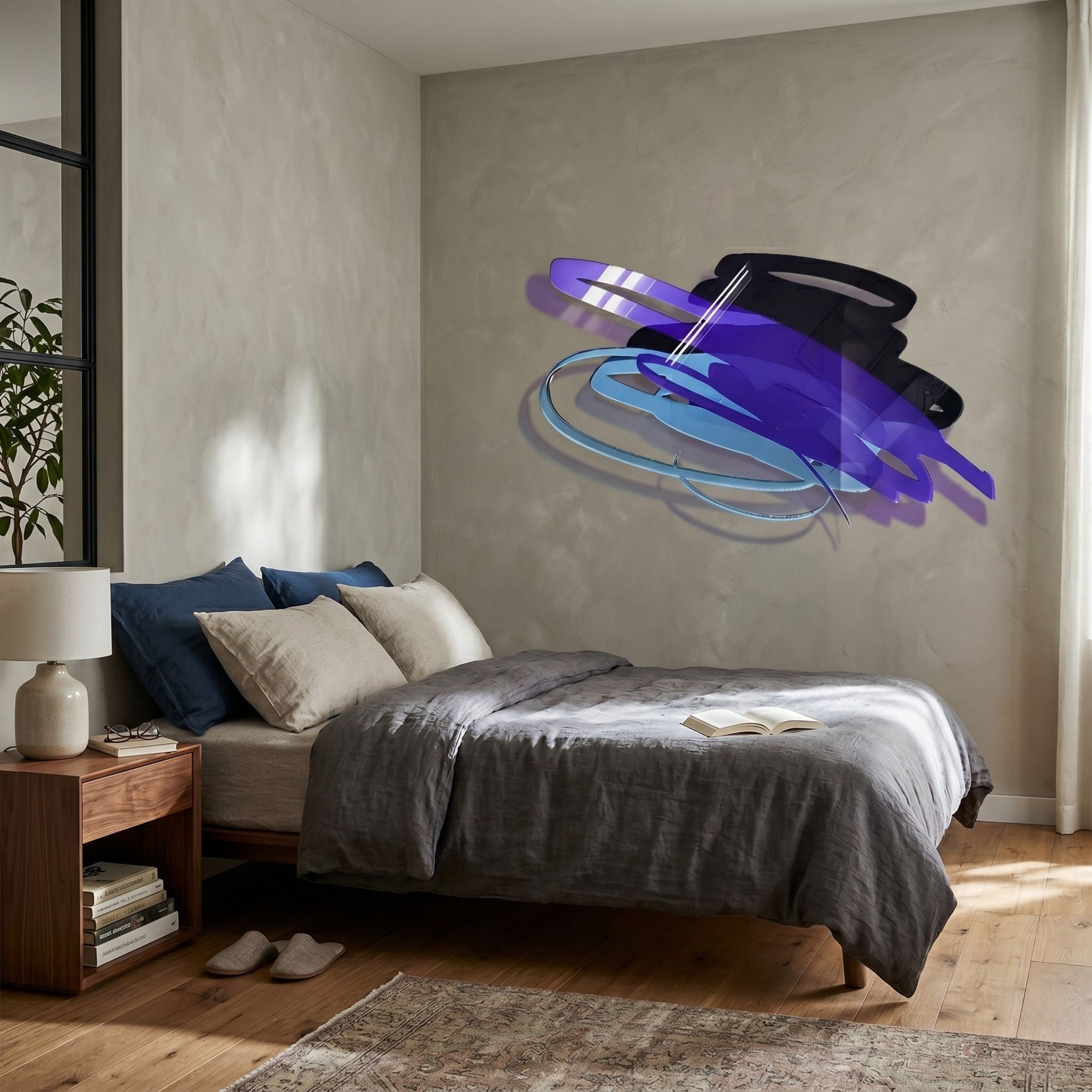 Cavoya Abstract Loops Indigo Wall Art by Giant Sculptures in indigo, purple, and black gloss, mounted above a bed with navy and linen pillows in a modern bedroom.