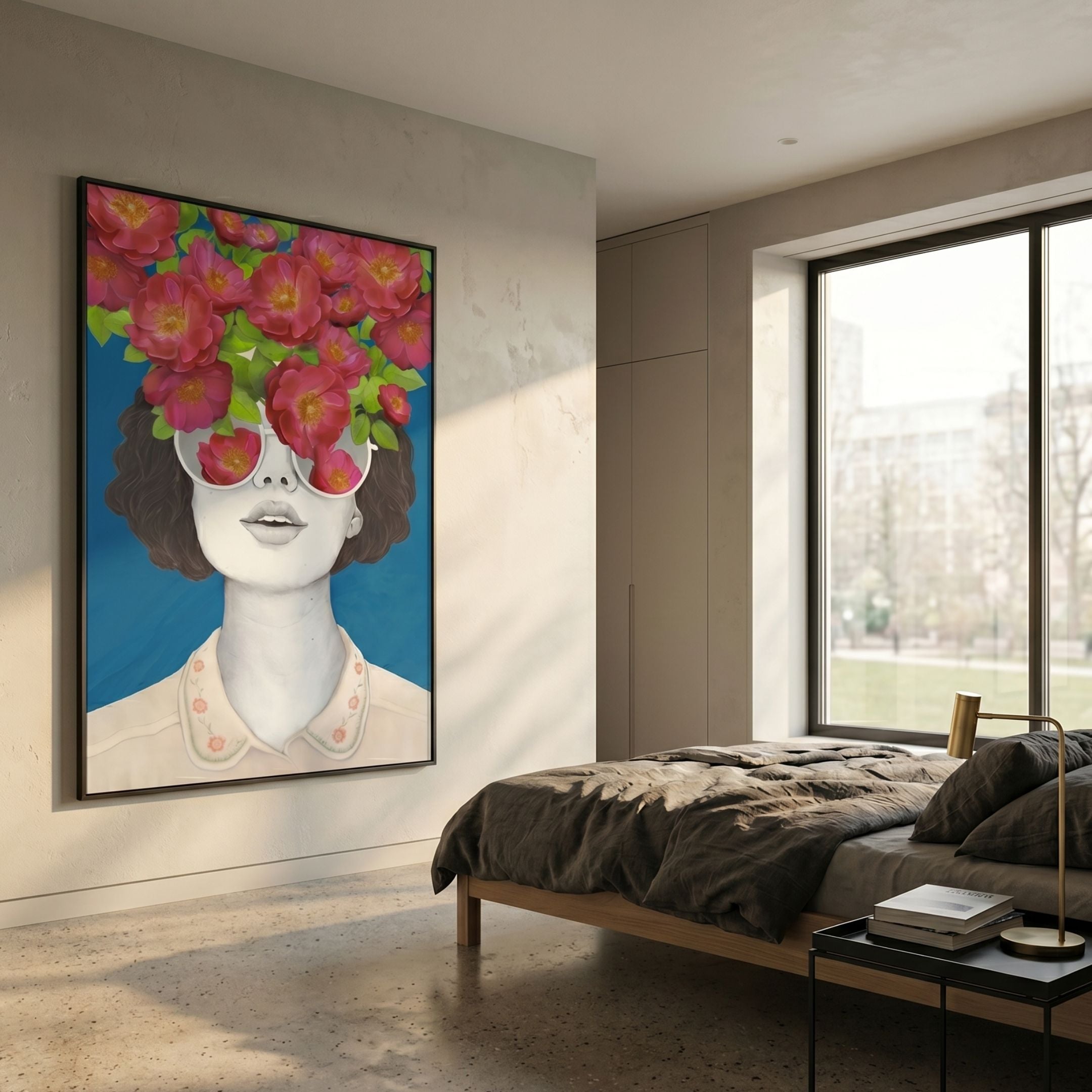 Cavoya Bloom Portrait Crystal Porcelain Wall Art displayed in a modern bedroom above a low wooden bed with grey linens, beside a large window.