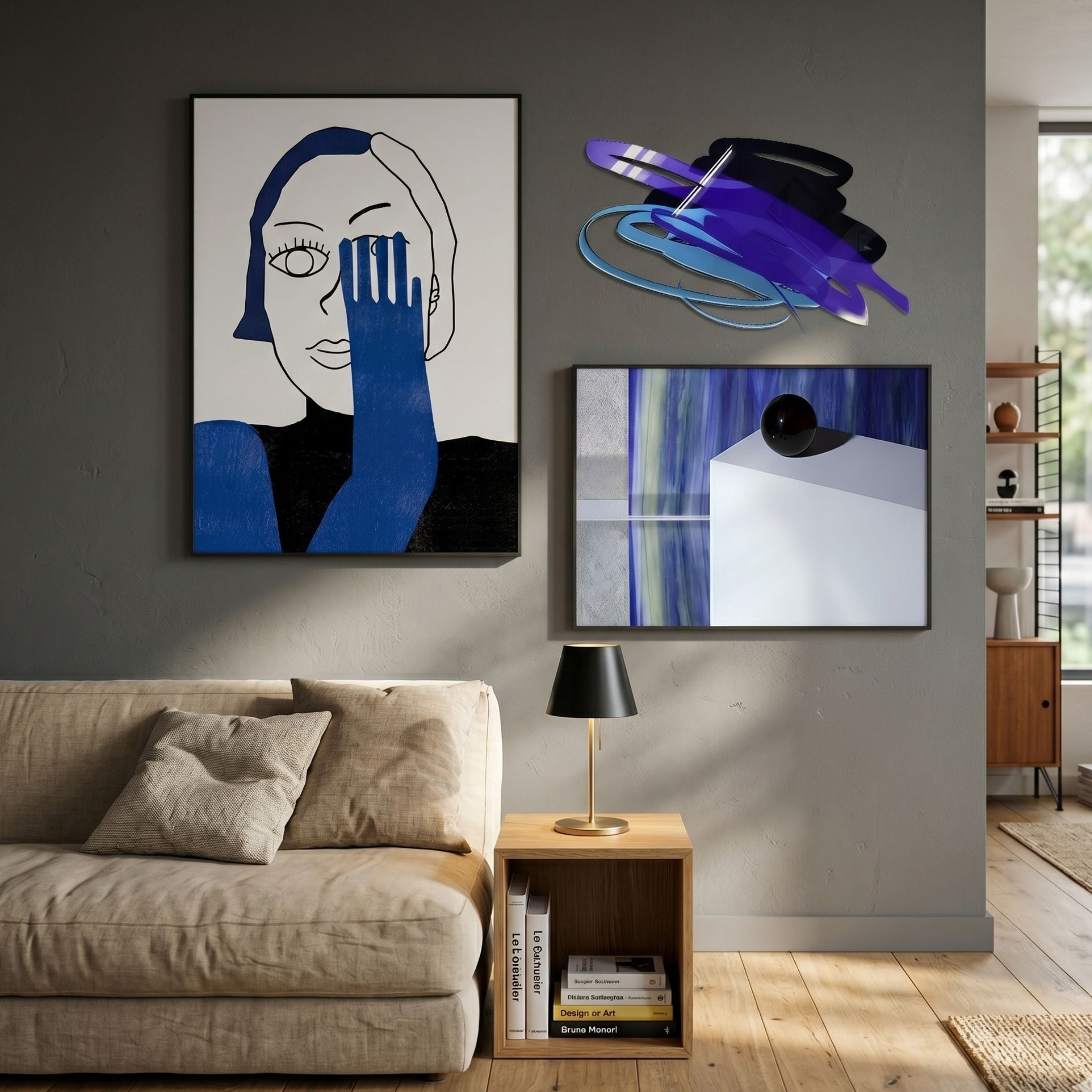 Cavoya Blue Vision 3-Set Abstract Wall Art by Giant Sculptures displayed above a beige sofa, featuring a blue line-drawn face, swirling abstract, and geometric panel.