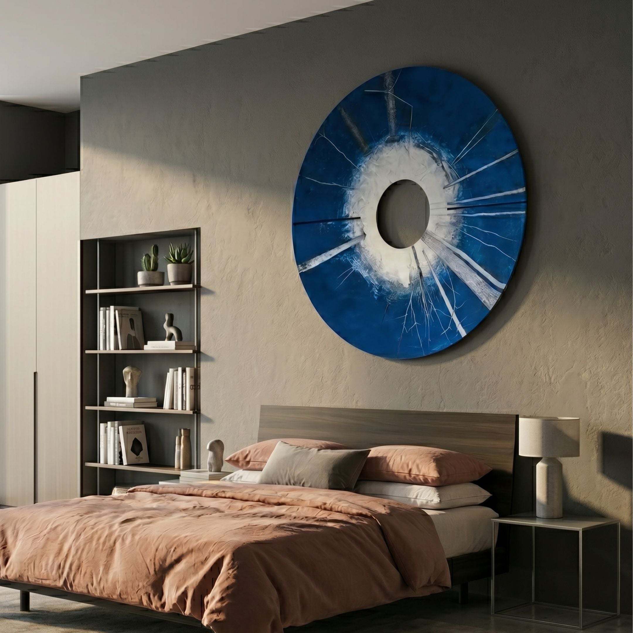 Solyra Cobalt Circular Textured Wood 3D Wall Art by Giant Sculptures displayed above a bed with peach bedding, beside a bookshelf in a modern bedroom.