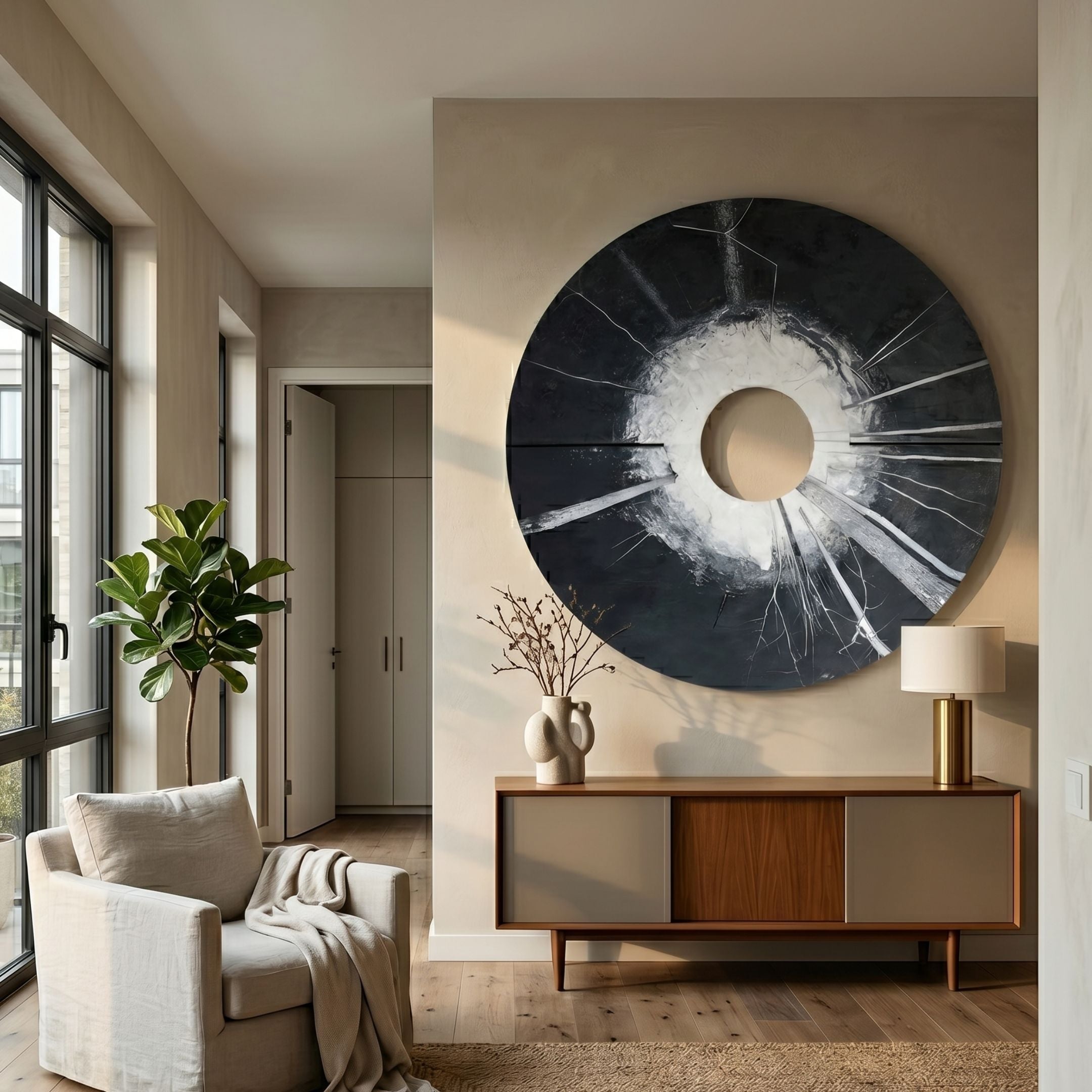 Solyra Black Circular Textured Wood 3D Wall Art by Giant Sculptures mounted above a wooden sideboard in a sunlit neutral living room with armchair and fiddle leaf fig.