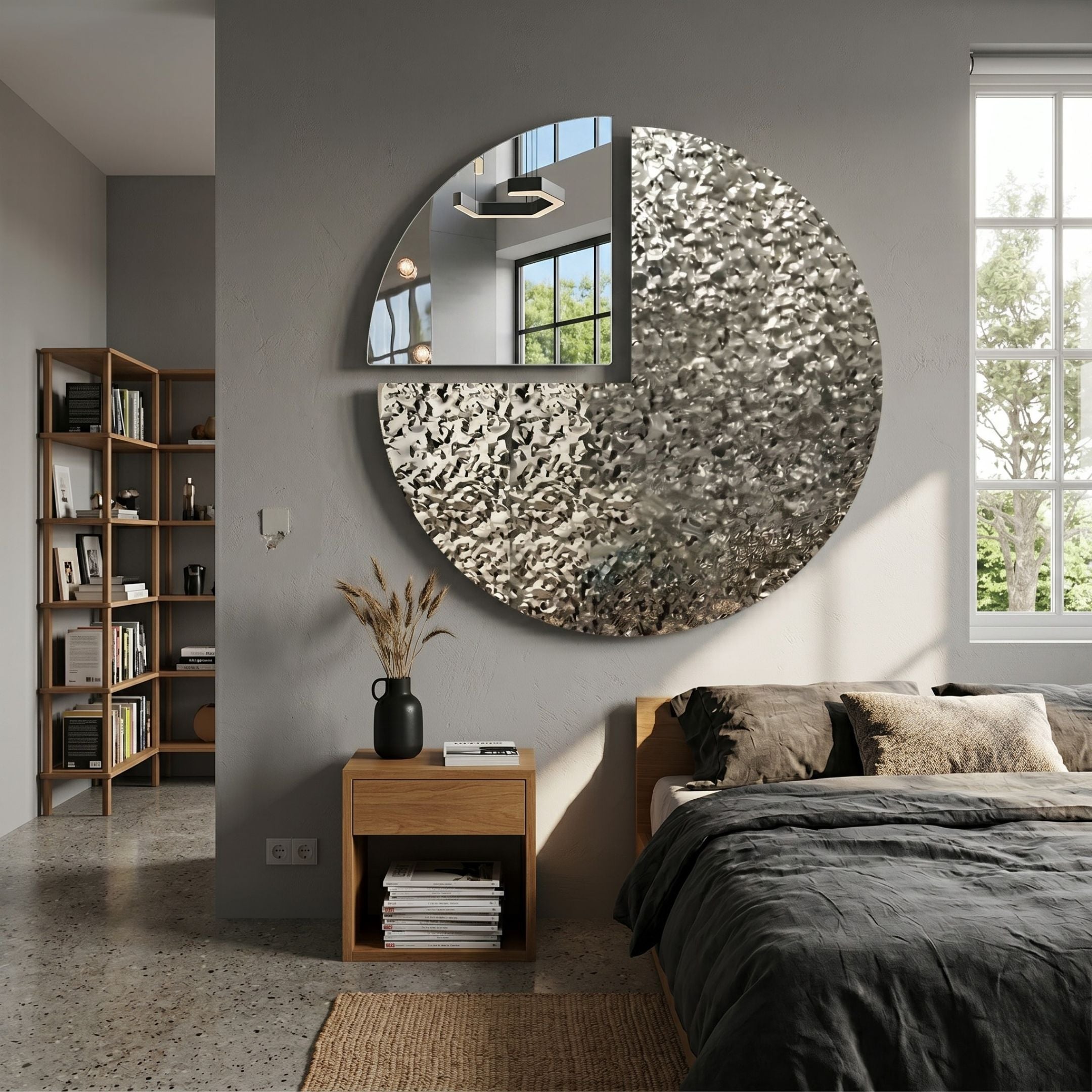 Aurargent Quarter Layered Round Silver Mirror 3D Wall Art by Giant Sculptures mounted above a wooden nightstand in a grey bedroom beside a bed with dark linens.
