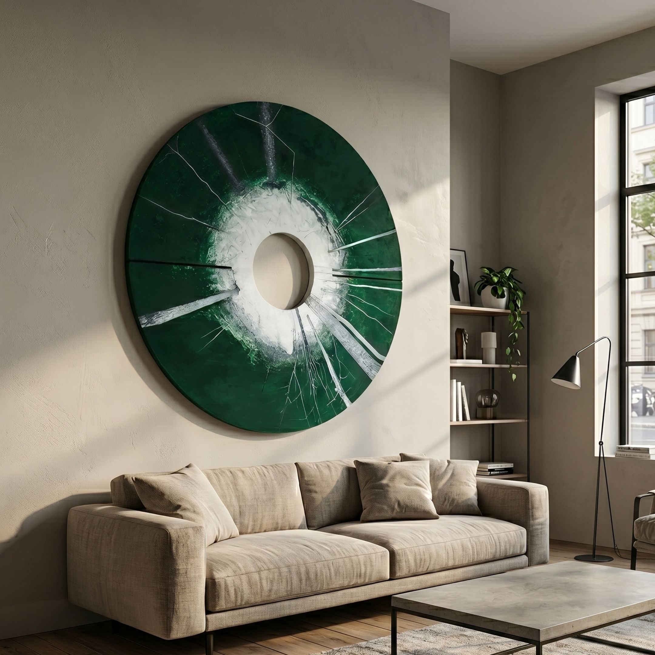 Solyra Emerald Circular Textured Wood 3D Wall Art by Giant Sculptures mounted above a beige sofa in a modern living room with shelving and floor lamp.