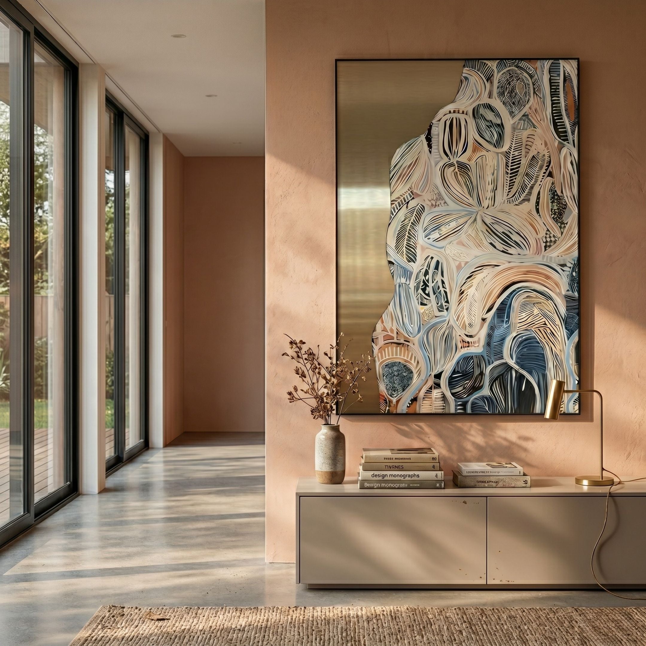 Aurista Botanical Flow Abstract Cotton Spray Wall Art by Giant Sculptures, mounted in a peach-toned hallway above a console with books, vase, and brass lamp.