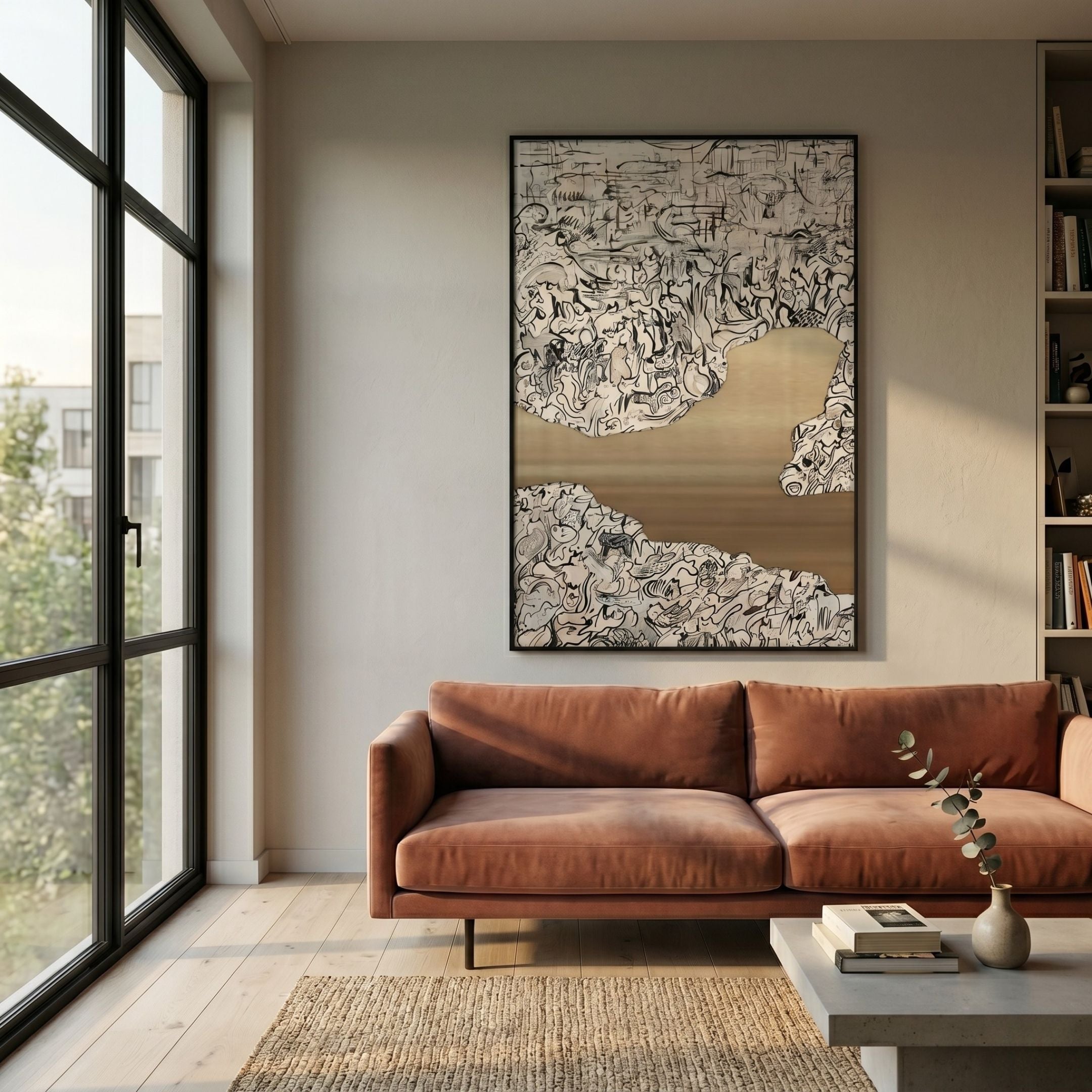 Aurista Figurative Abstract Cotton Spray Wall Art by Giant Sculptures hung above a rust velvet sofa in a sunlit living room with floor-to-ceiling windows.